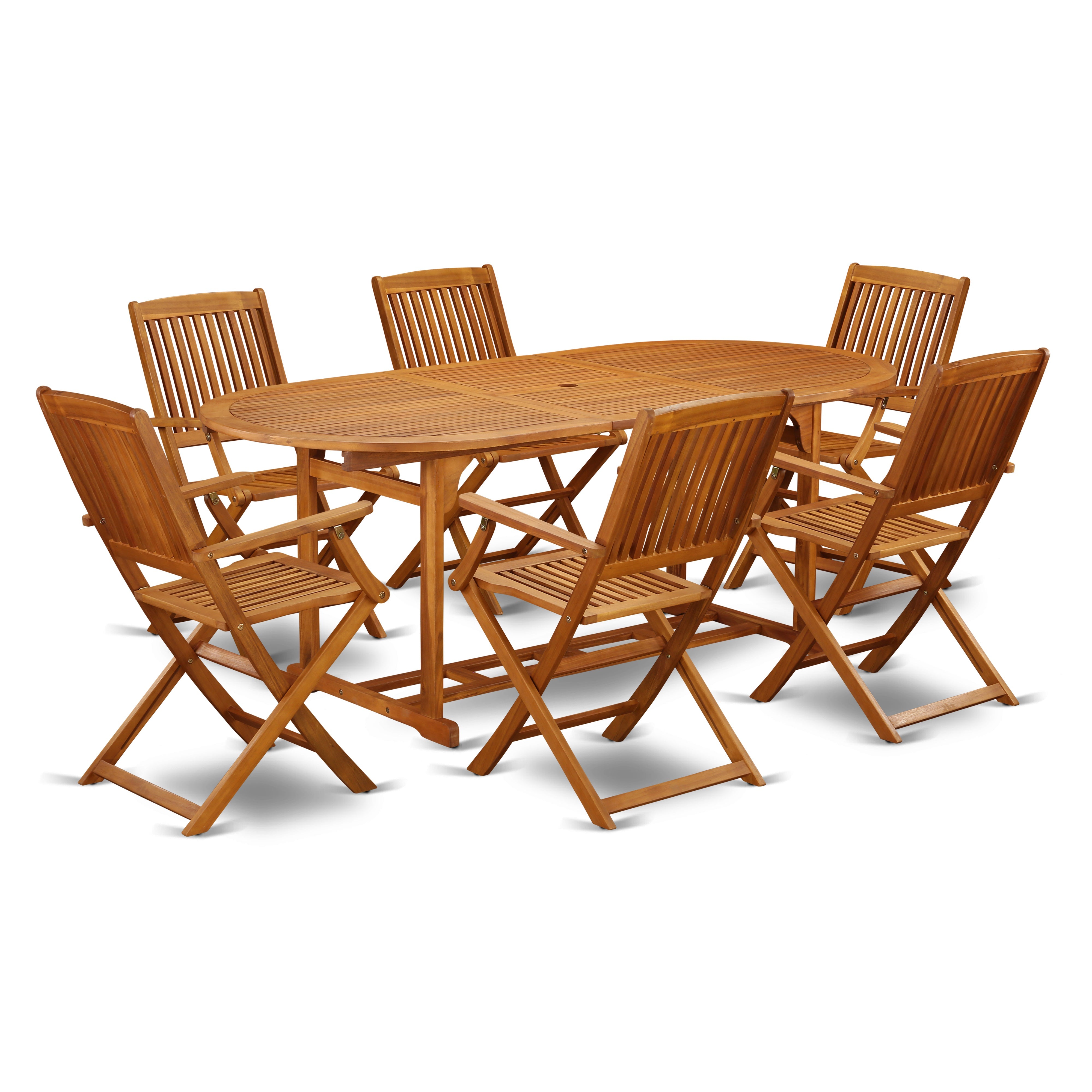 Los juegos de comedor para patio al aire libre de 7 piezas BSCM7CANA de East West Furniture constan de una mesa ovalada de madera de acacia y 6 sillas plegables.