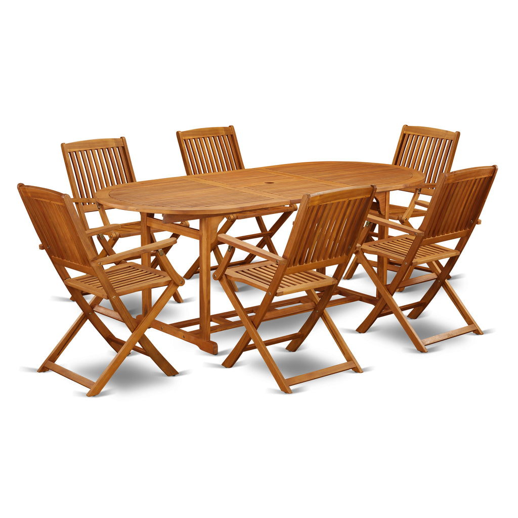 Los juegos de comedor para patio al aire libre de 7 piezas BSCM7CANA de East West Furniture constan de una mesa ovalada de madera de acacia y 6 sillas plegables.