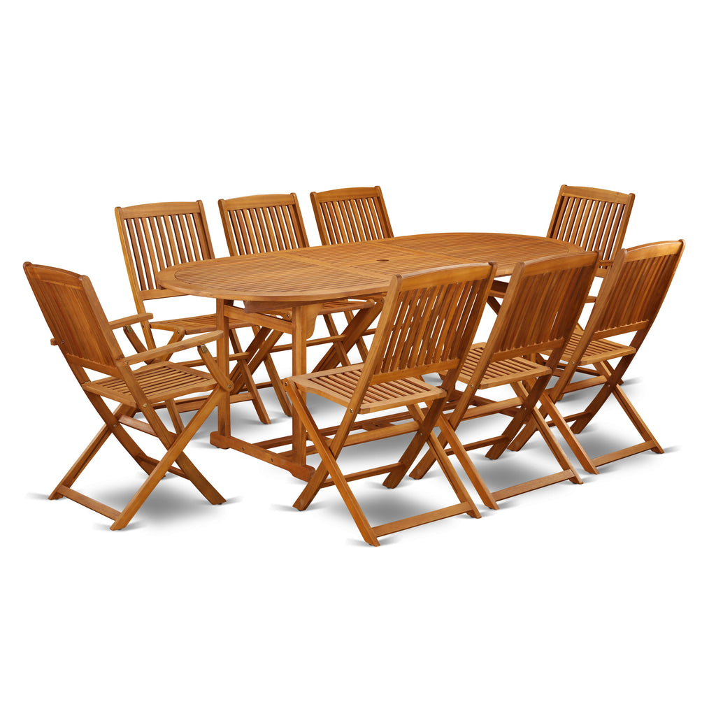 East West Furniture BSCM92CANA 9 Piece Patio Garden Table Set Includes an Oval Outdoor Acacia Wood Dining Table and 2 Folding Arm Chairs with 6 Side Chairs, 36x78 Inch, Natural Oil