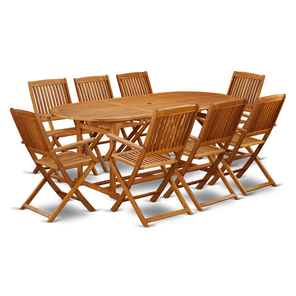 East West Furniture BSCM9CANA 9 Piece Outdoor Patio Dining Sets Includes an Oval Acacia Wood Table and 8 Folding Arm Chairs