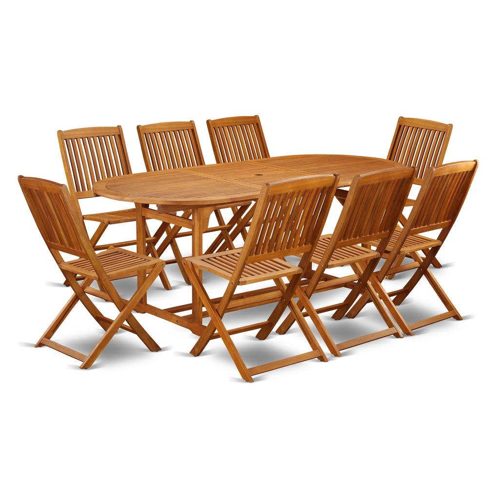 East West Furniture BSCM9CWNA 9 Piece Patio Dining Set Includes an Oval Outdoor Acacia Wood Table and 8 Folding Side Chairs