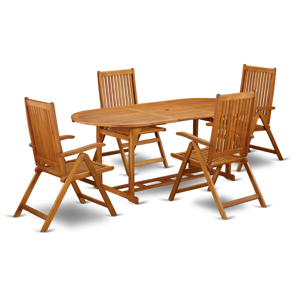 East West Furniture BSCN5NC5N 5 Piece Patio Garden Table Set Includes an Oval Outdoor Acacia Wood Dining Table and 4 Folding Adjustable Arm Chairs