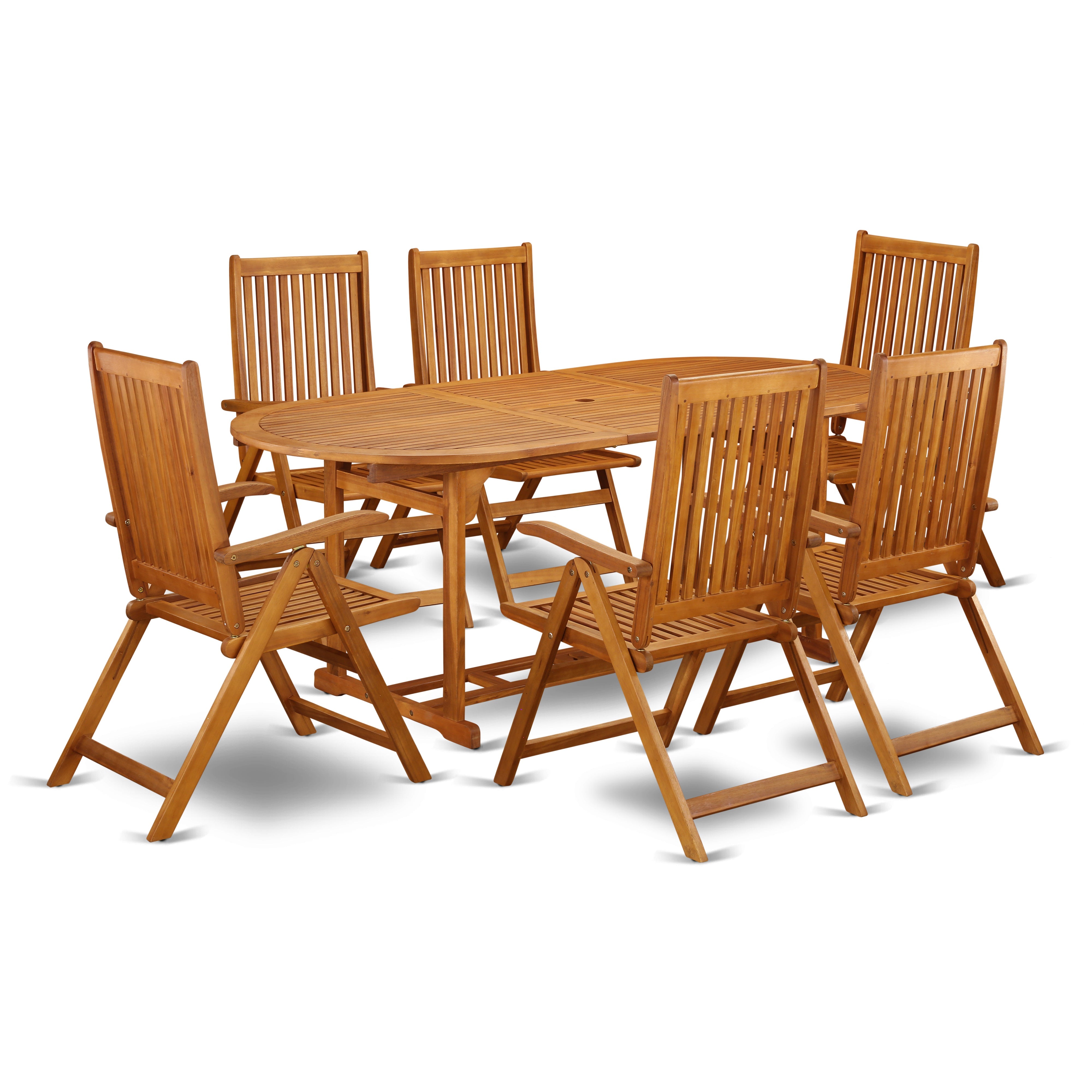 Juego de comedor para patio East West Furniture BSCN7NC5N de 7 piezas compuesto por una mesa ovalada de madera de acacia para exteriores y 6 sillas plegables con brazos ajustables.