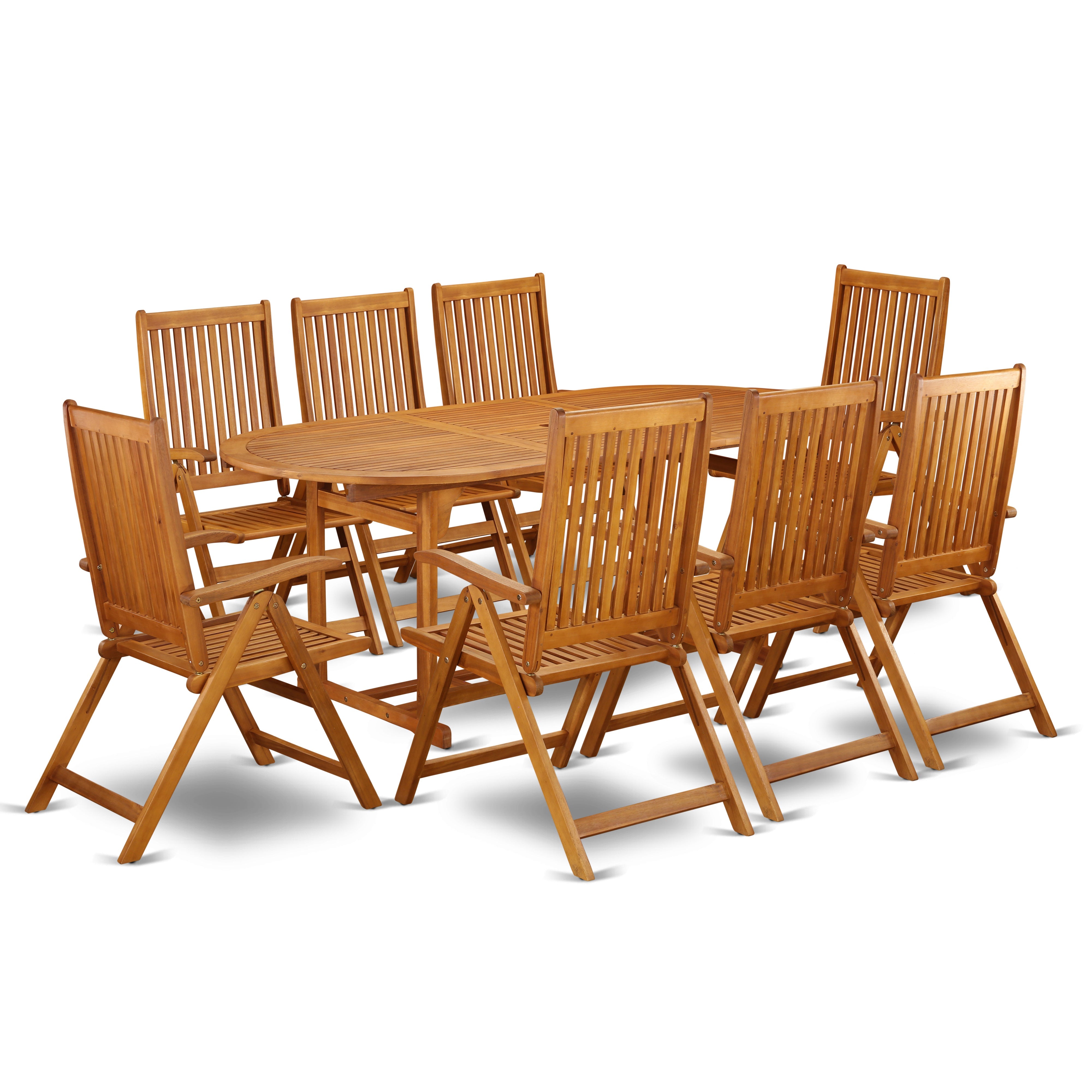 El juego de muebles de comedor estilo bistró para patio East West Furniture BSCN9NC5N de 9 piezas incluye una mesa ovalada de madera de acacia para exteriores y 8 sillas plegables con brazos ajustables.