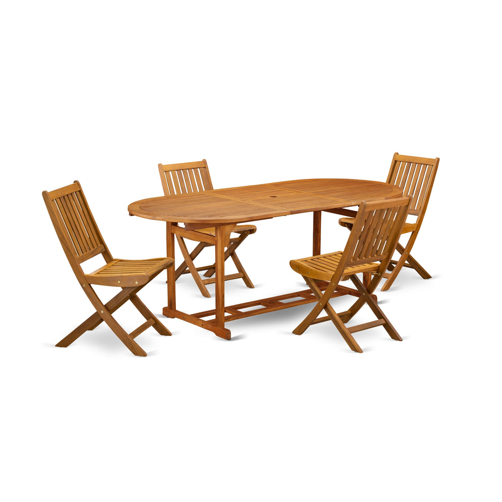 East West Furniture BSDK5CWNA 5 Piece Patio Dining Set Includes an Oval Outdoor Acacia Wood Table and 4 Folding Side Chairs, 36x79 Inch, Natural Oil