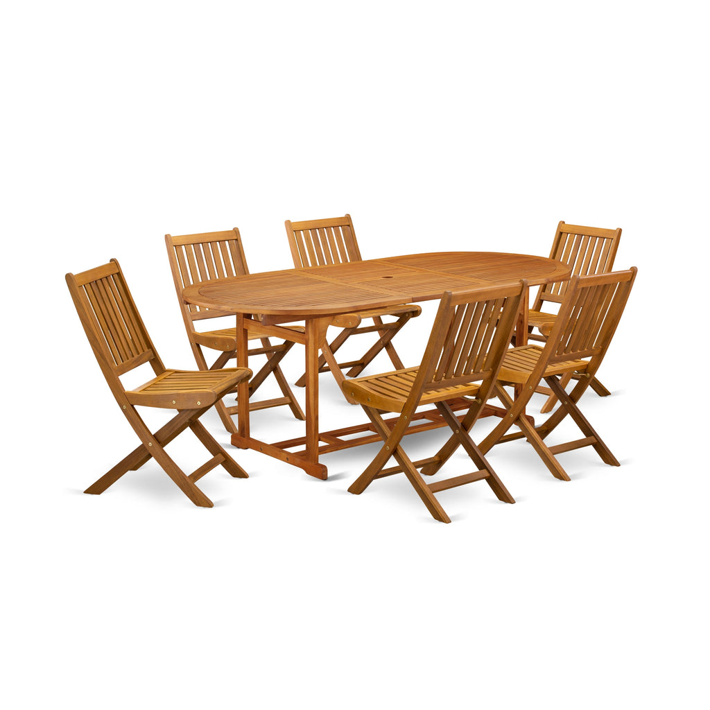 East West Furniture BSDK7CWNA 7 Piece Outdoor Patio Dining Sets Consist of an Oval Acacia Wood Table and 6 Folding Side Chairs, 36x79 Inch, Natural Oil