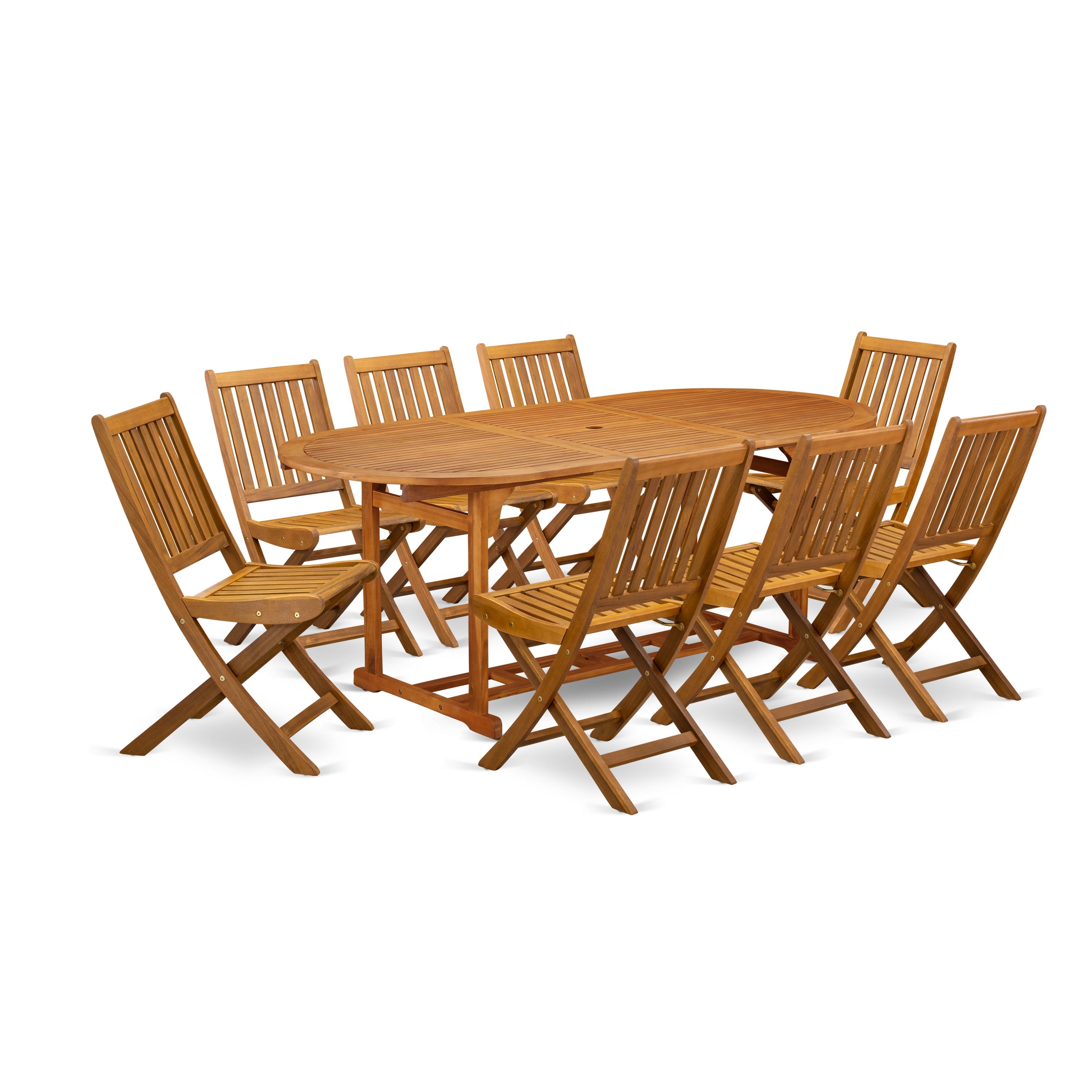 El juego de mesa de jardín para patio de 9 piezas East West Furniture BSDK9CWNA incluye una mesa de comedor ovalada de madera de acacia para exteriores y 8 sillas laterales plegables.