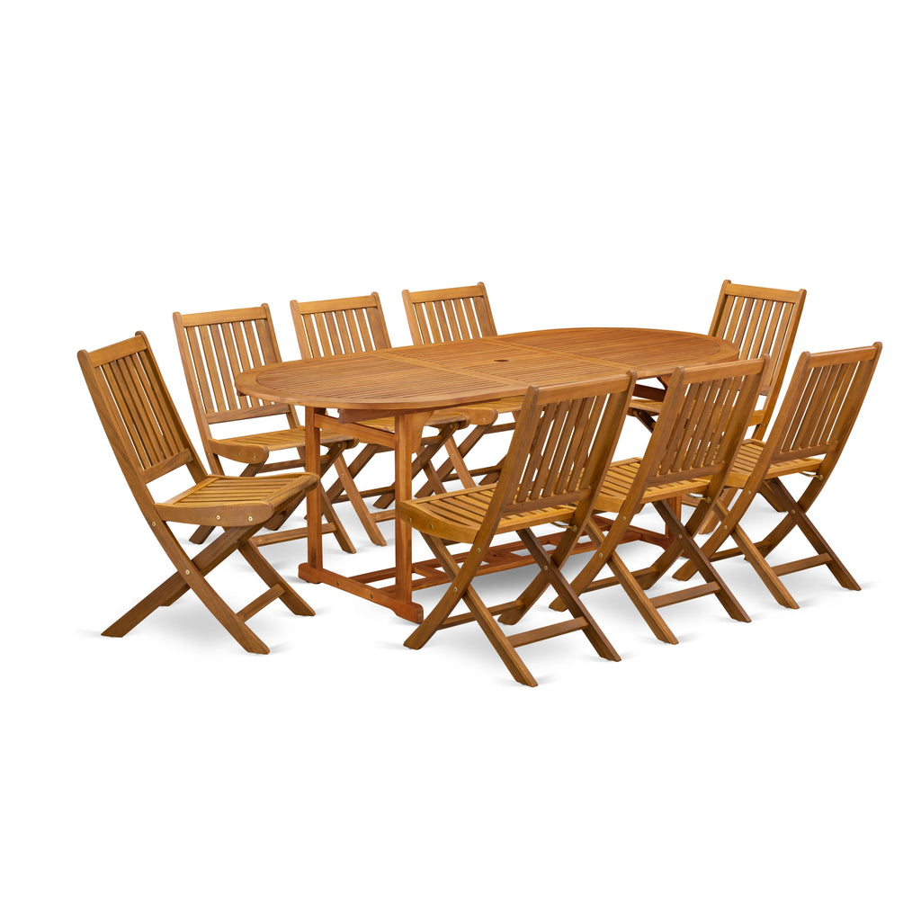 East West Furniture BSDK9CWNA 9 Piece Patio Garden Table Set Includes an Oval Outdoor Acacia Wood Dining Table and 8 Folding Side Chairs, 36x79 Inch, Natural Oil