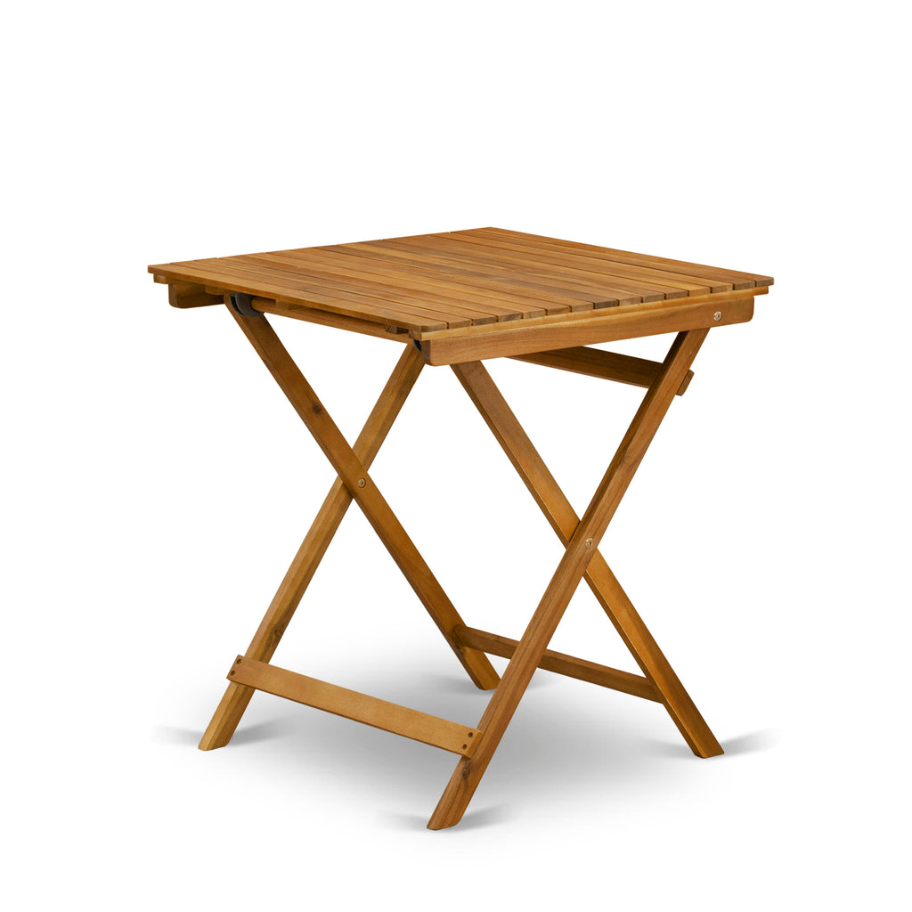 East West Furniture SEFM3CWNA 3 Piece Outdoor Conversation Bistro Set Includes a Square Acacia Wood Coffee Table and 2 Folding Side Chairs