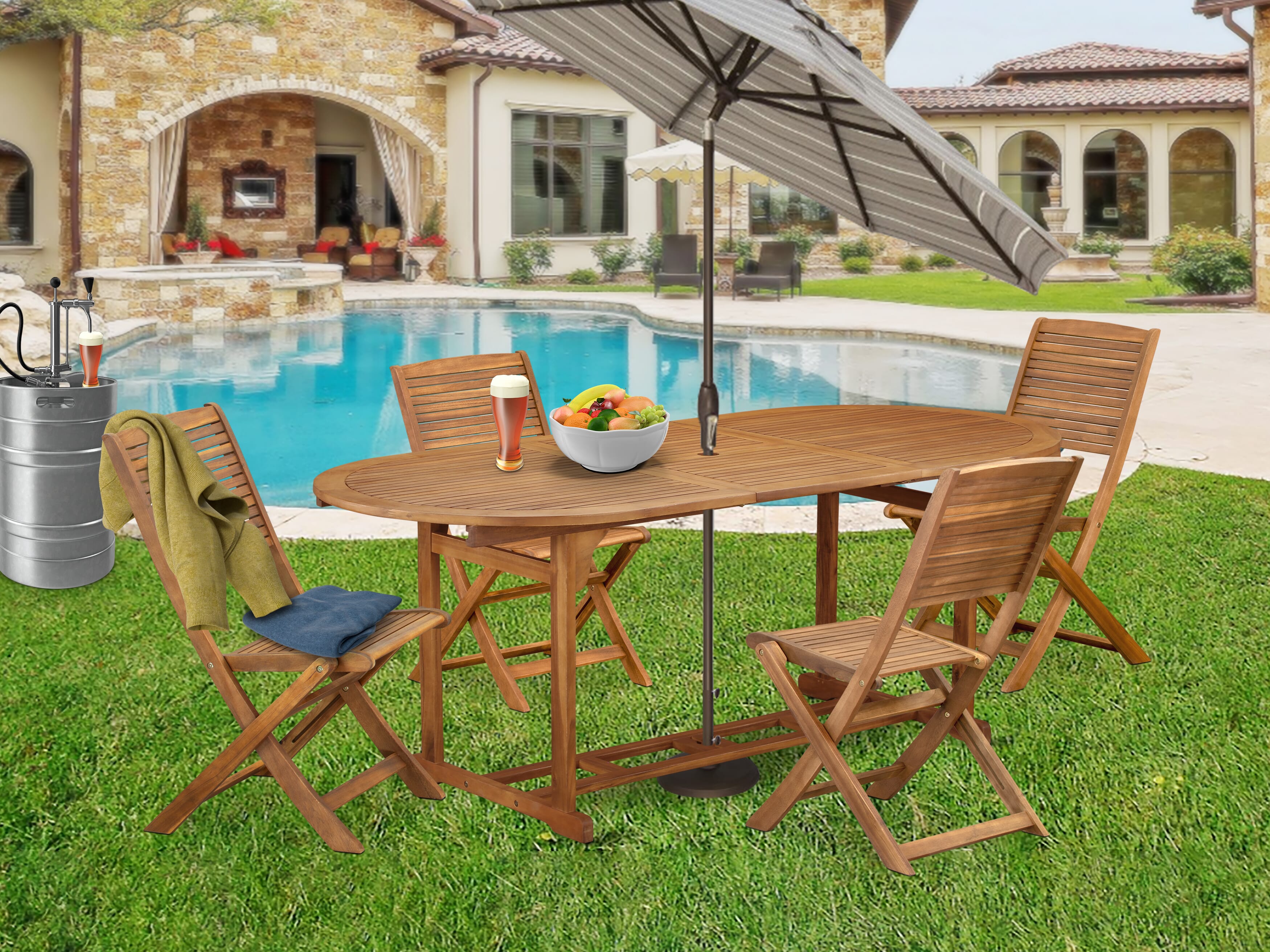 East West Furniture BSFM5CWNA 5 Piece Patio Bistro Dining Furniture Set Includes an Oval Outdoor Acacia wood Table and 4 Folding Side Chairs, 36x78 Inch, Natural Oil