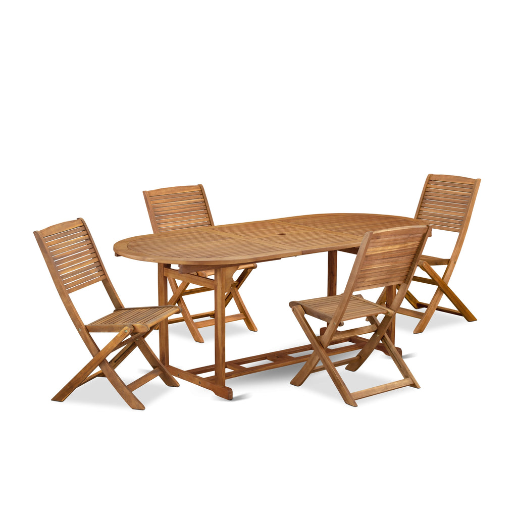 East West Furniture BSFM5CWNA 5 Piece Patio Bistro Dining Furniture Set Includes an Oval Outdoor Acacia Wood Table and 4 Folding Side Chairs