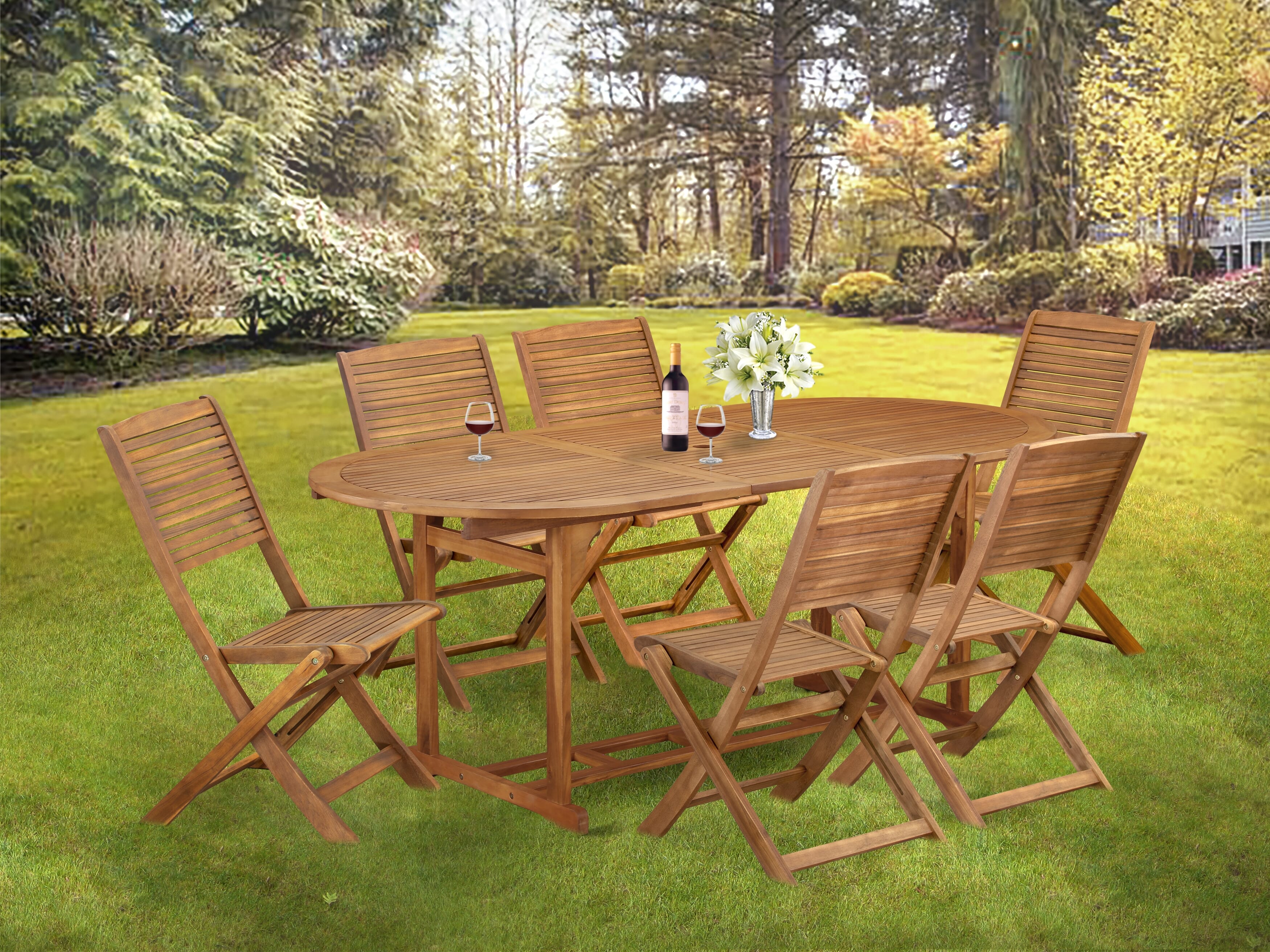 East West Furniture BSFM7CWNA 7 Piece Outdoor Patio Dining SetsIncludes an Oval Acacia wood Table and 6 Folding Side Chairs, 36x78 Inch, Natural Oil