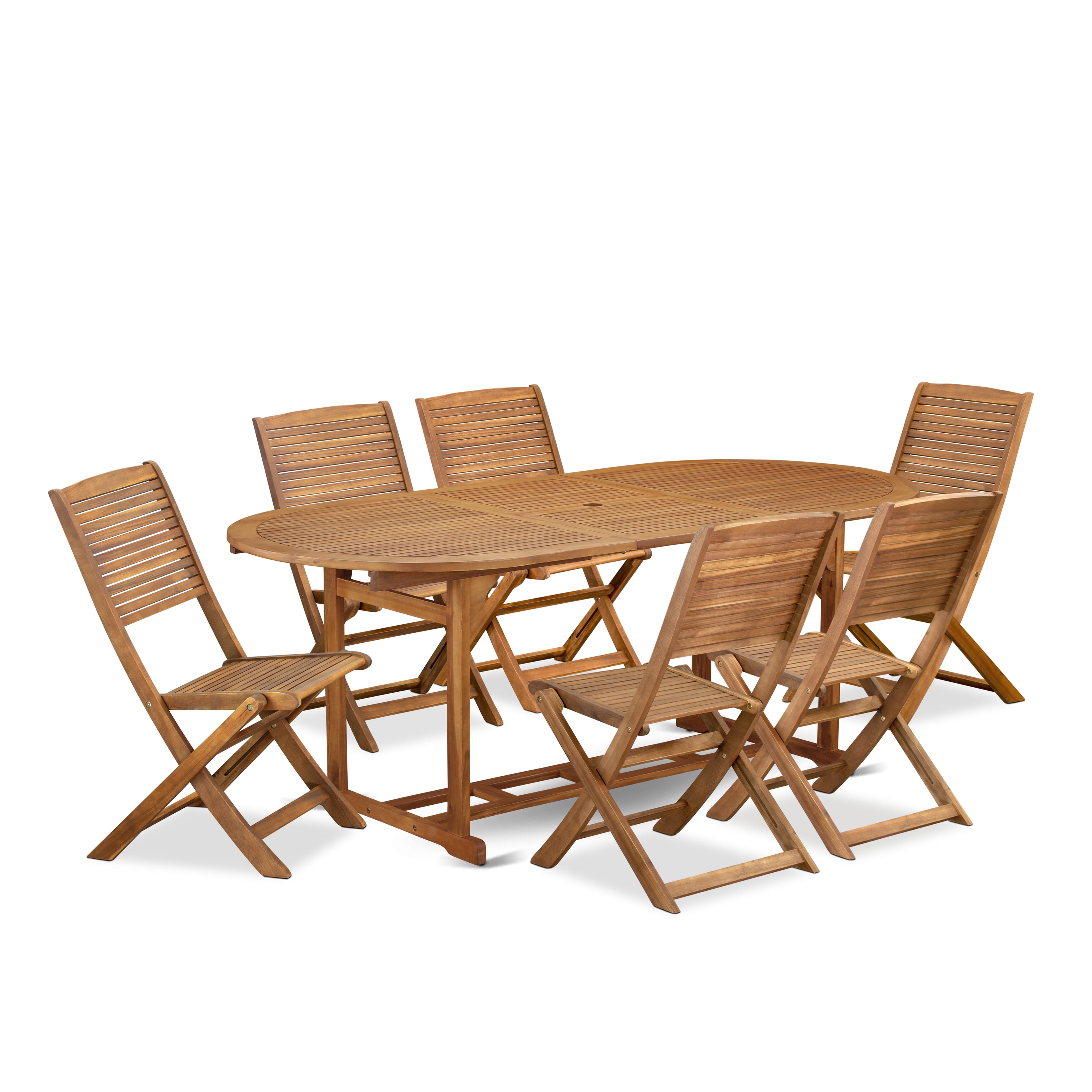 East West Furniture BSFM7CWNA 7 Piece Outdoor Patio Dining SetsIncludes an Oval Acacia wood Table and 6 Folding Side Chairs, 36x78 Inch, Natural Oil
