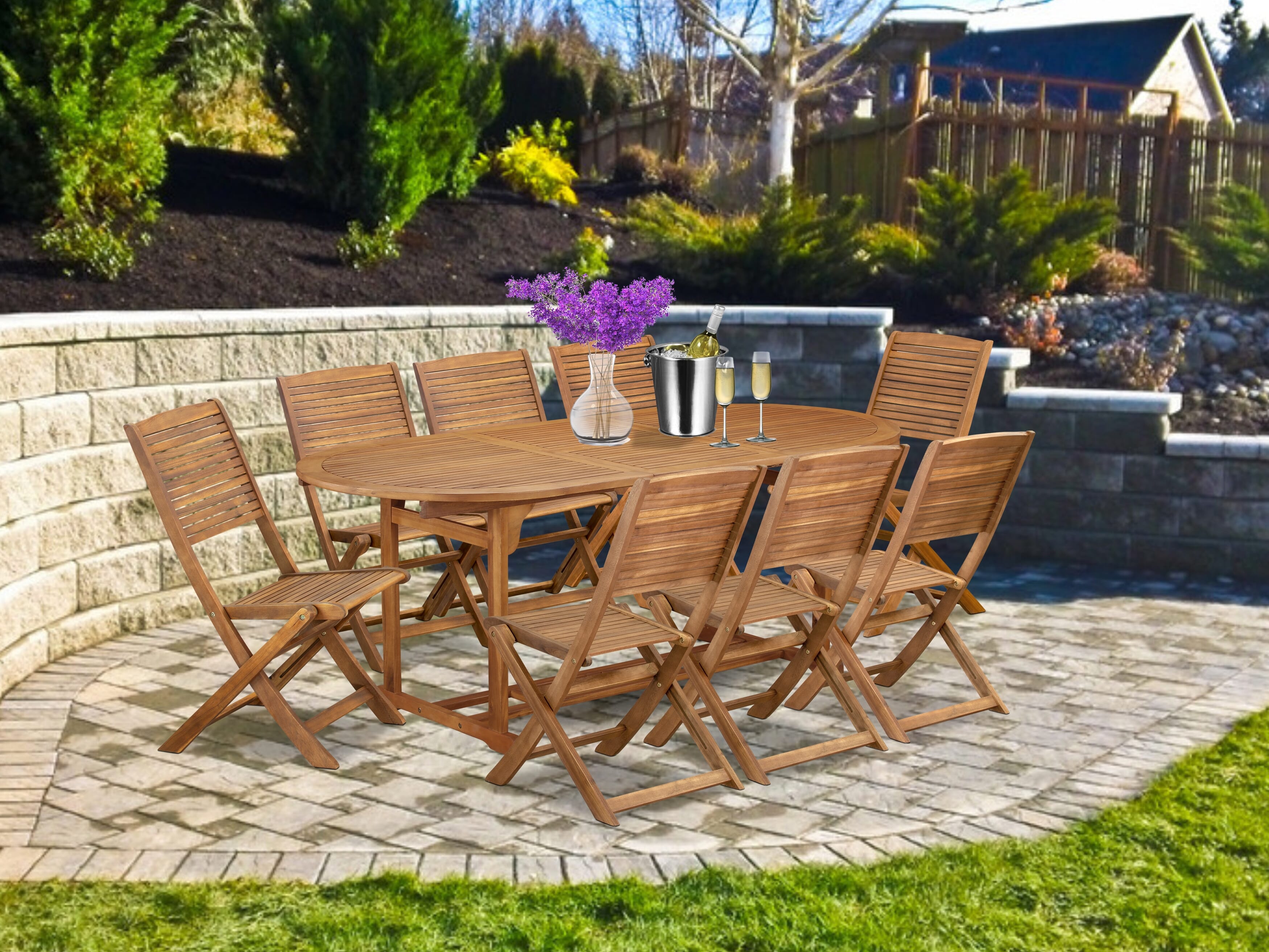 Juego de mesa de jardín para patio East West Furniture BSFM9CWNA de 9 piezas compuesto por una mesa de comedor ovalada de madera de acacia para exteriores y 8 sillas laterales plegables.