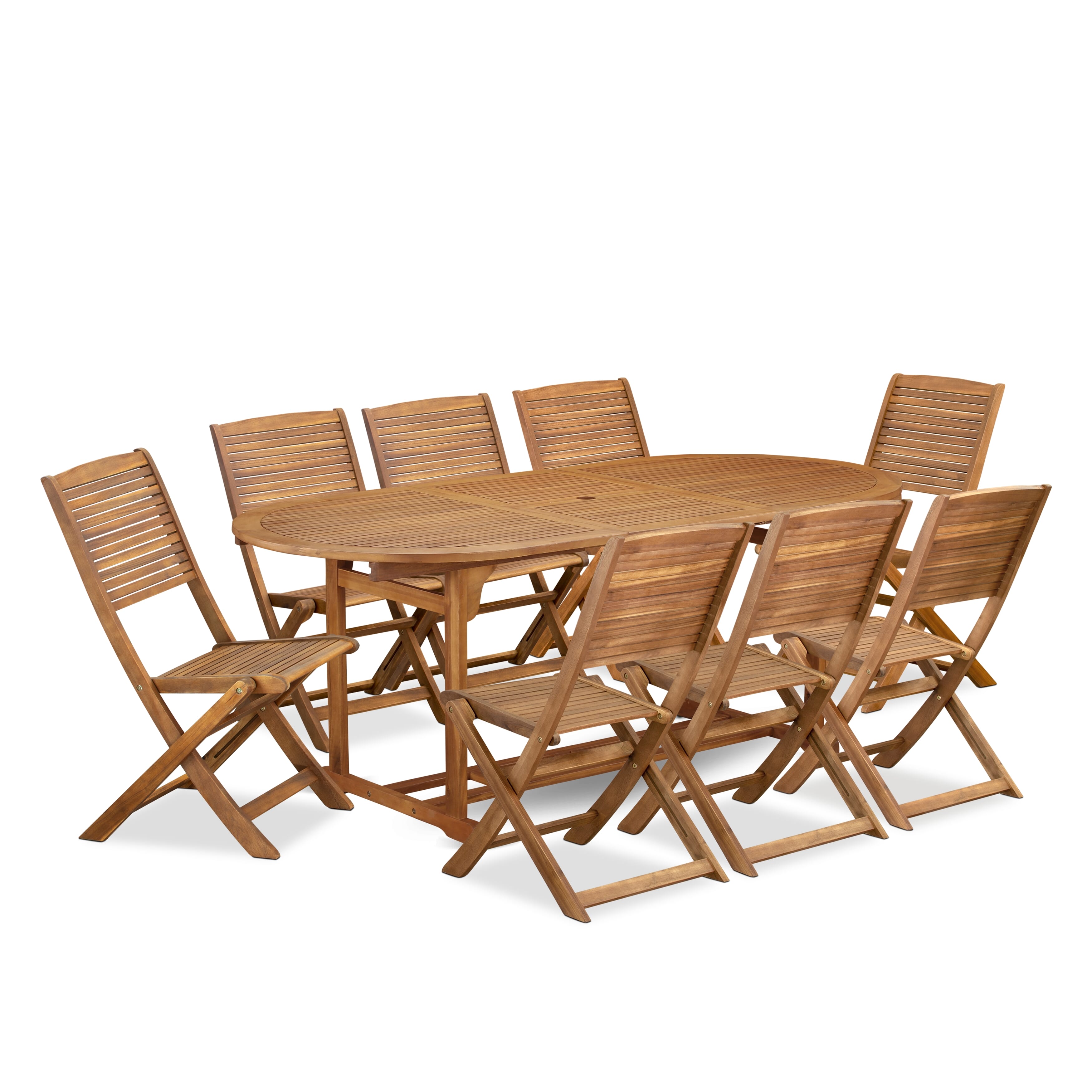 Juego de mesa de jardín para patio East West Furniture BSFM9CWNA de 9 piezas compuesto por una mesa de comedor ovalada de madera de acacia para exteriores y 8 sillas laterales plegables.