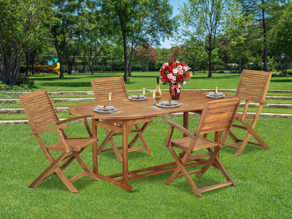 East West Furniture BSHD5CANA 5 Piece Outdoor Patio Dining Sets Consist of an Oval Acacia Wood Table and 4 Folding Arm Chairs
