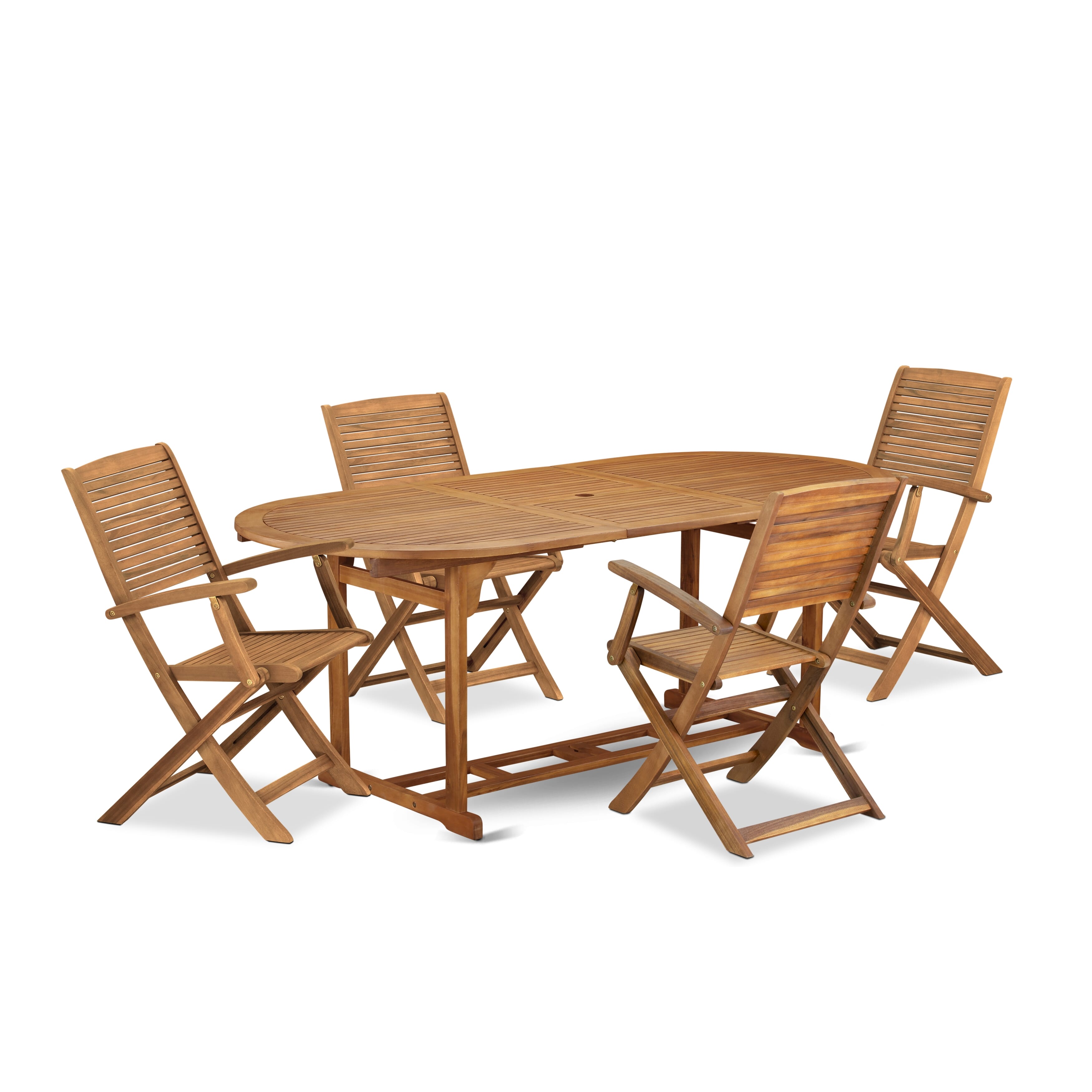 Los juegos de comedor para patio al aire libre de 5 piezas BSHD5CANA de East West Furniture constan de una mesa ovalada de madera de acacia y 4 sillas plegables.