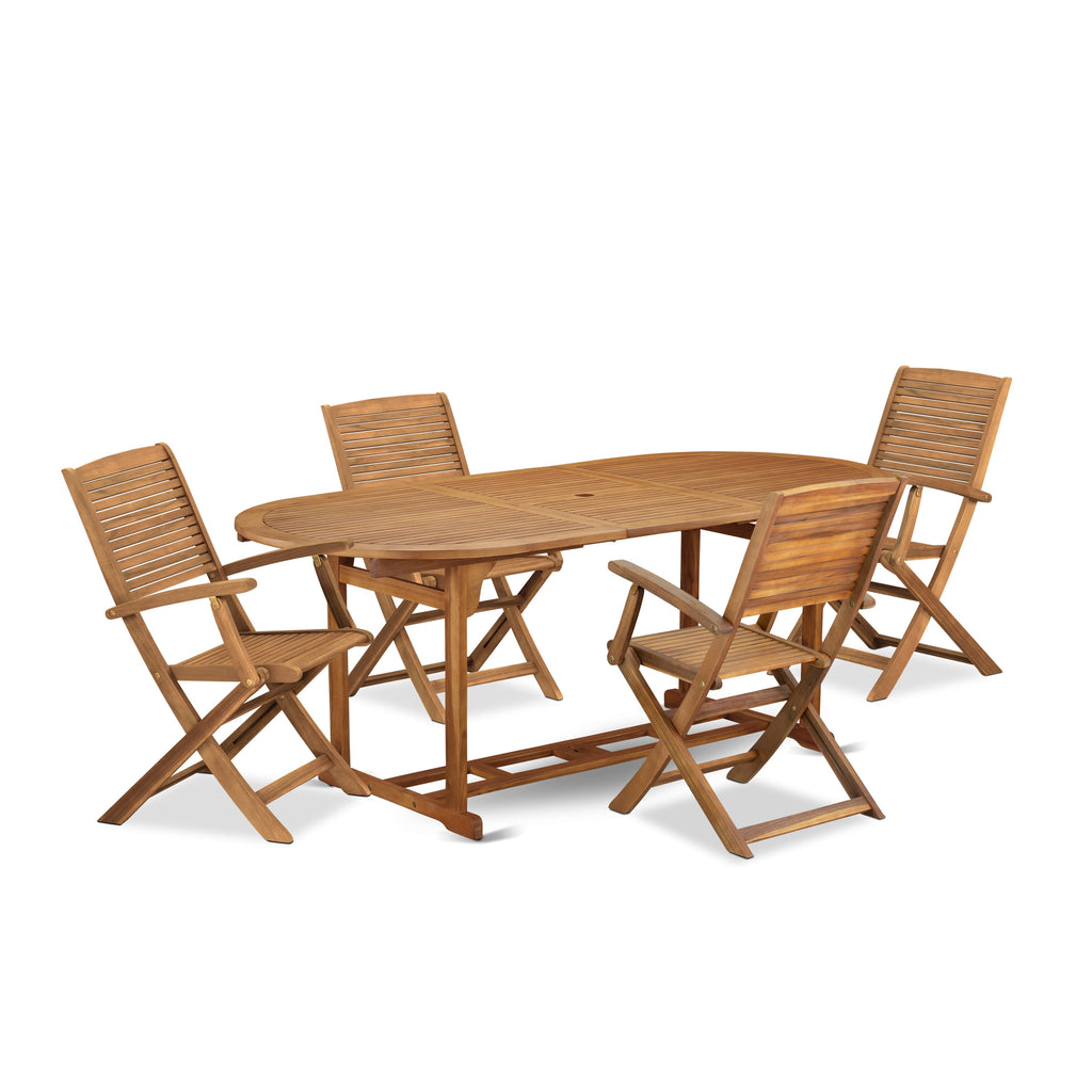 East West Furniture BSHD5CANA 5 Piece Outdoor Patio Dining Sets Consist of an Oval Acacia Wood Table and 4 Folding Arm Chairs, 36x78 Inch, Natural Oil