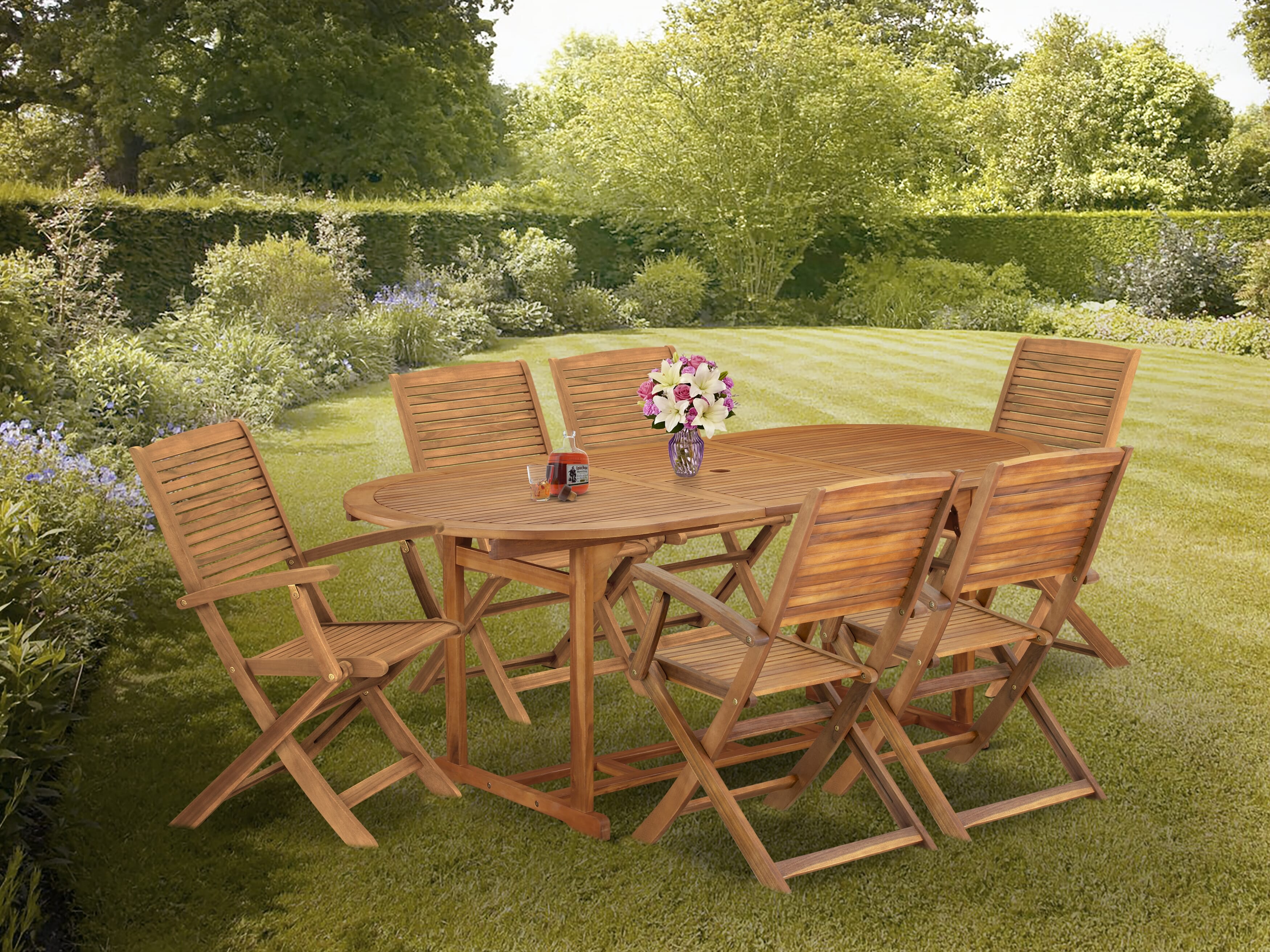 Juego de comedor para patio al aire libre de 7 piezas BSHD7CANA de East West Furniture. Incluye una mesa ovalada de madera de acacia y 6 sillas plegables.