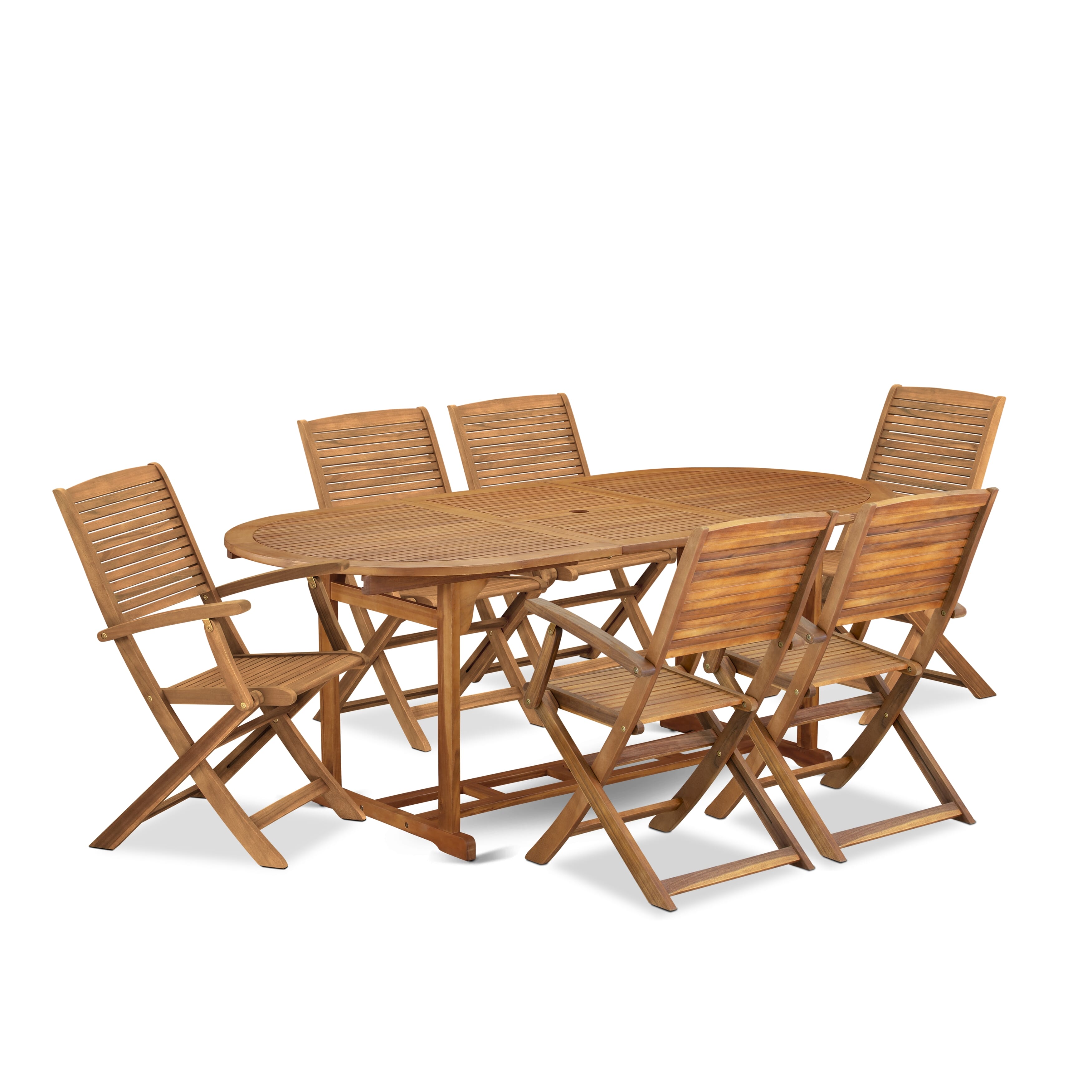 Juego de comedor para patio al aire libre de 7 piezas BSHD7CANA de East West Furniture. Incluye una mesa ovalada de madera de acacia y 6 sillas plegables.