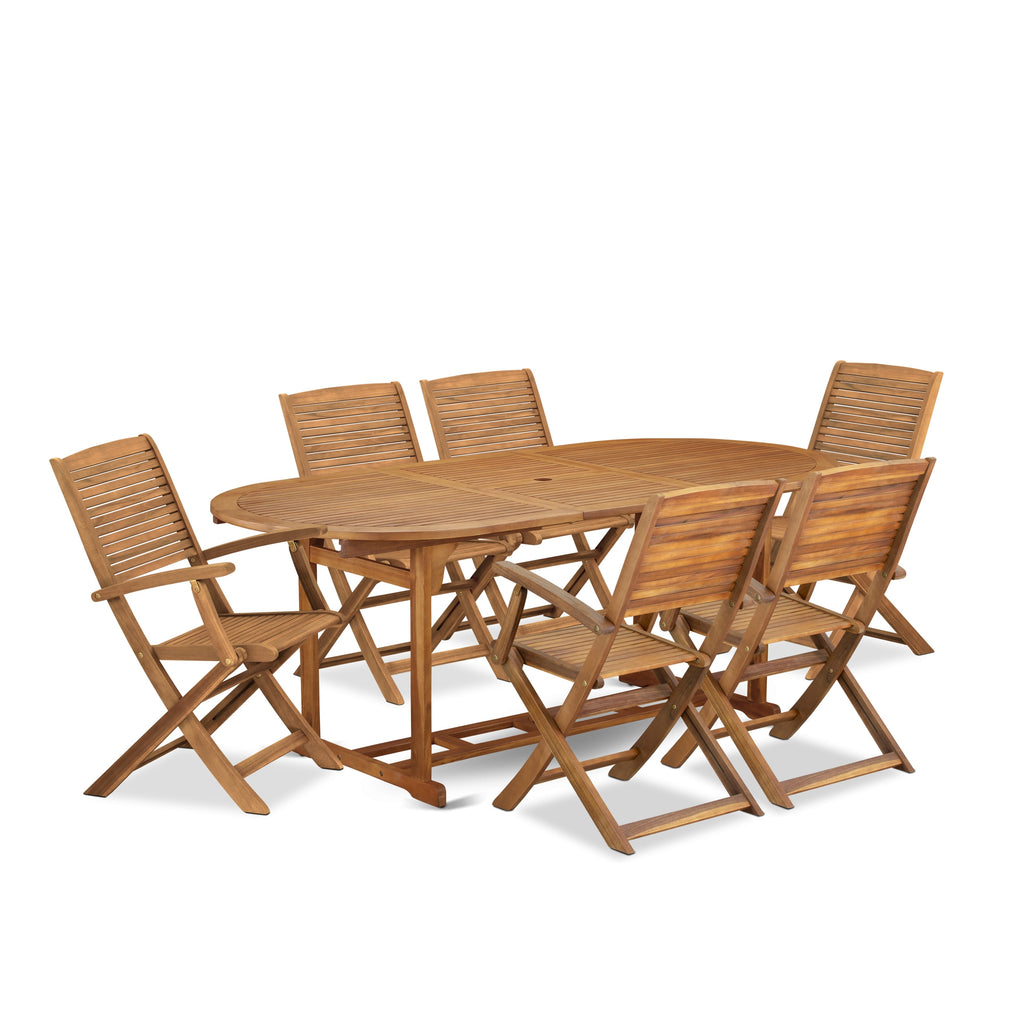 East West Furniture BSHD7CANA 7 Piece Outdoor Patio Dining Sets Includes an Oval Acacia Wood Table and 6 Folding Arm Chairs, 36x78 Inch, Natural Oil