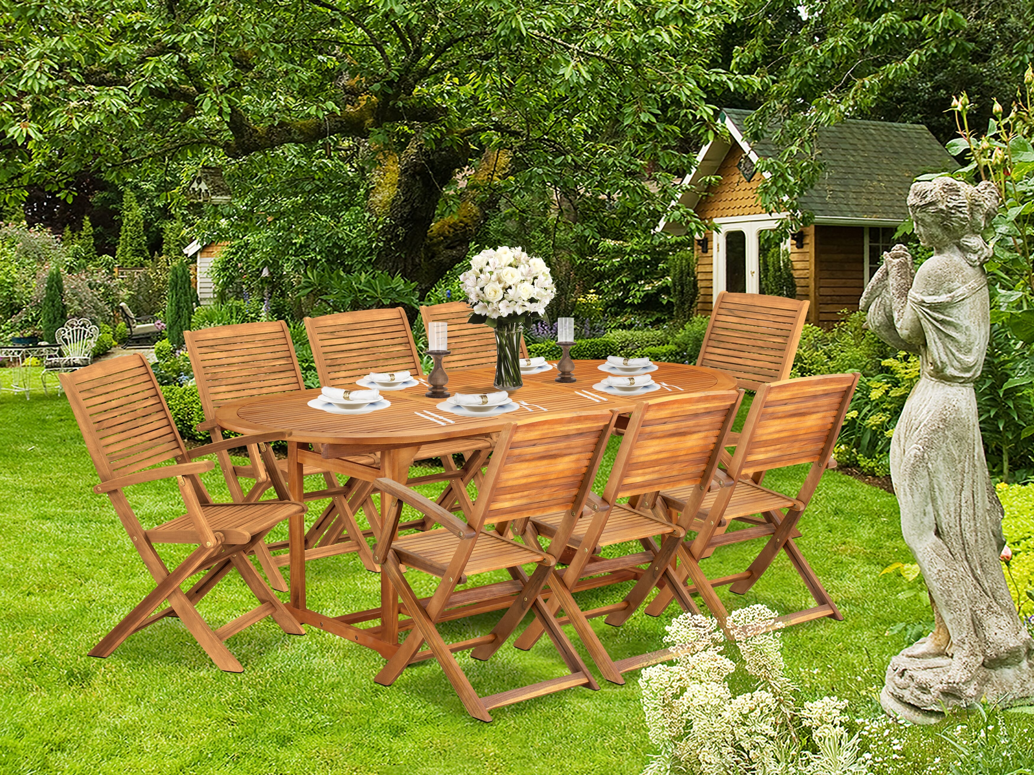 East West Furniture BSHD9CANA 9 Piece Patio Dining Set Consist of an Oval Outdoor Acacia wood Table and 8 Folding Arm Chairs, 36x78 Inch, Natural Oil