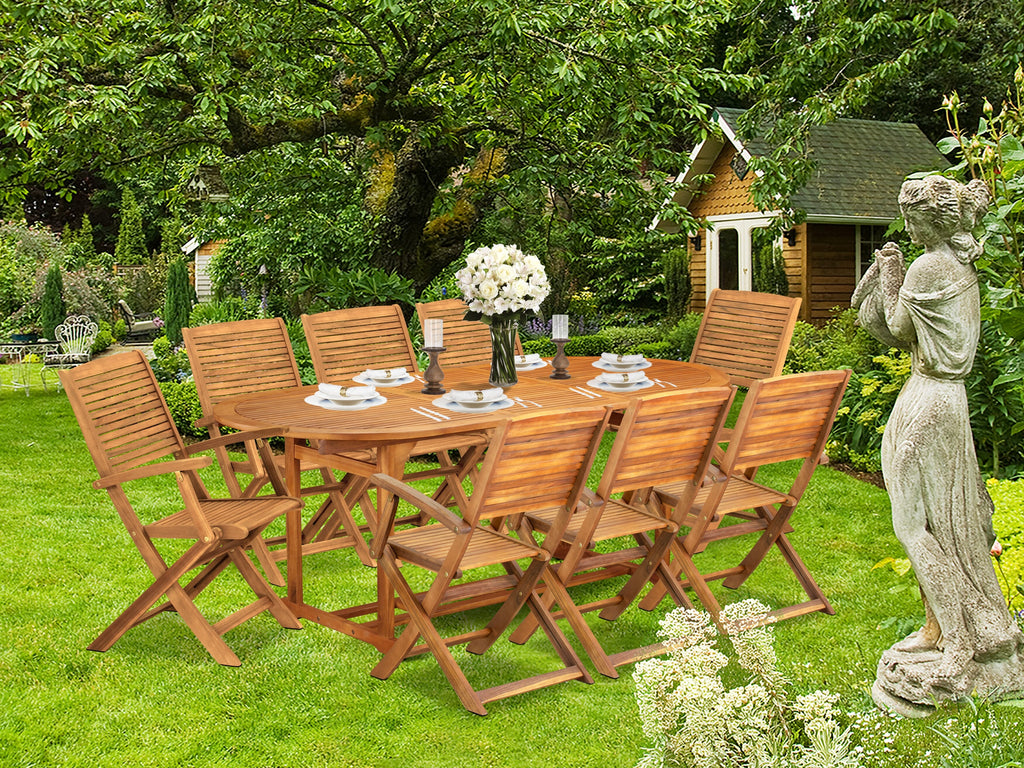 East West Furniture BSHD9CANA 9 Piece Patio Dining Set Consist of an Oval Outdoor Acacia Wood Table and 8 Folding Arm Chairs