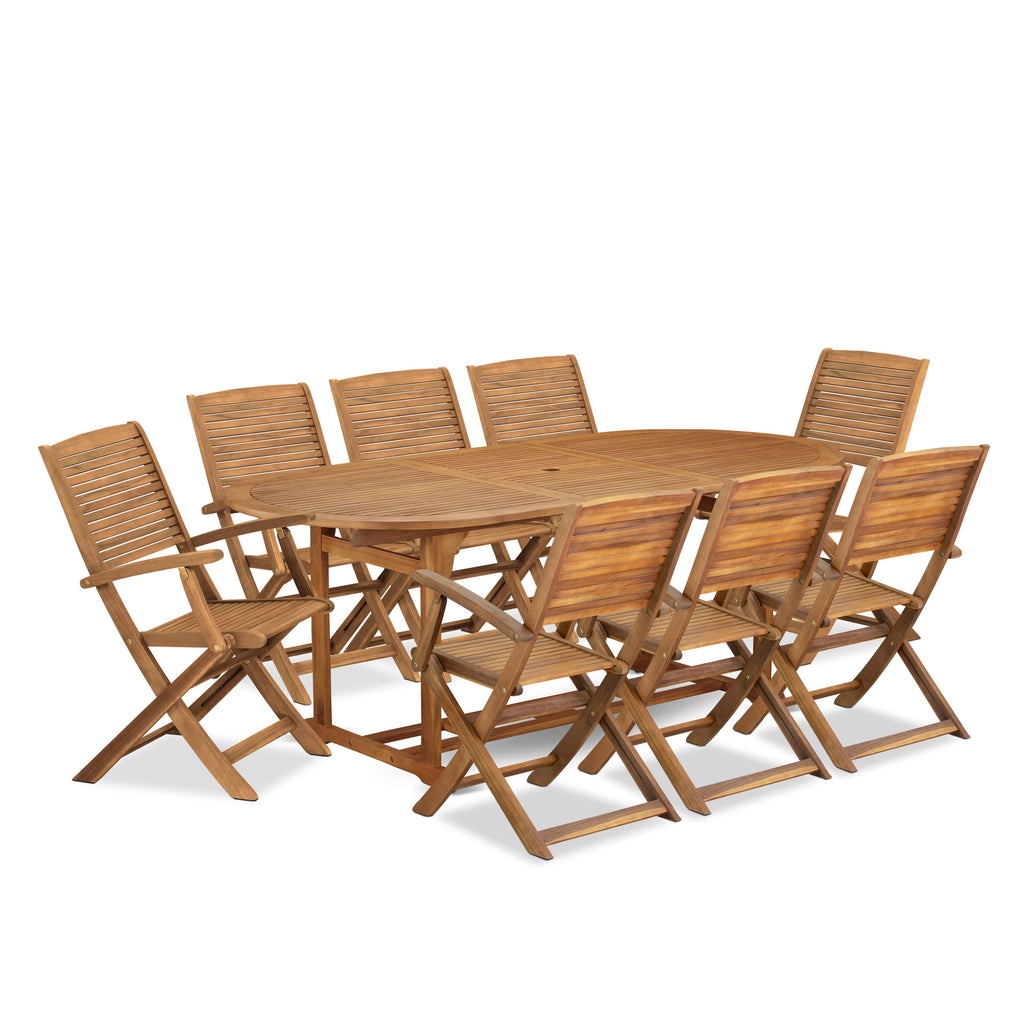 East West Furniture BSHD9CANA 9 Piece Patio Dining Set Consist of an Oval Outdoor Acacia Wood Table and 8 Folding Arm Chairs