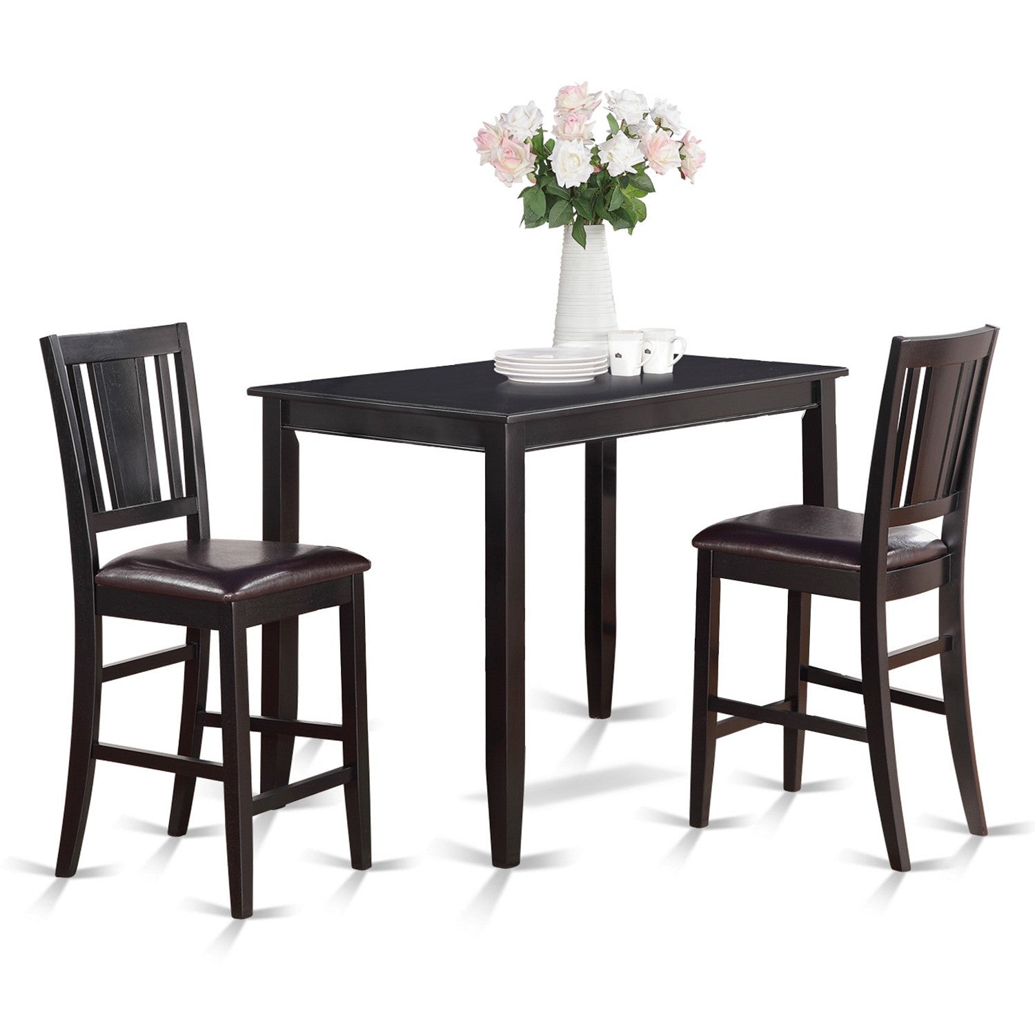 Juego de mesa de comedor de 3 piezas con altura de mostrador BUCK3-BLK-LC de East West Furniture. Contiene una mesa de cocina rectangular y 2 sillas de comedor tapizadas en piel sintética.