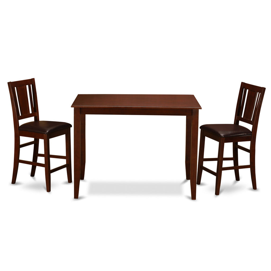 East West Furniture BUCK3-MAH-LC 3 Piece Counter Height Dining Set for Small Spaces Contains a Rectangle Kitchen Table and 2 Faux Leather Dining Room Chairs