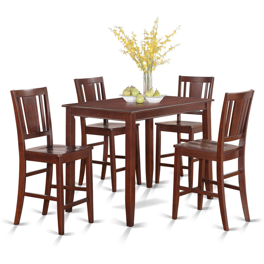 Juego de comedor de 5 piezas con altura de mostrador BUCK5-MAH-W de East West Furniture. Incluye una mesa de comedor rectangular y 4 sillas con asiento de madera.