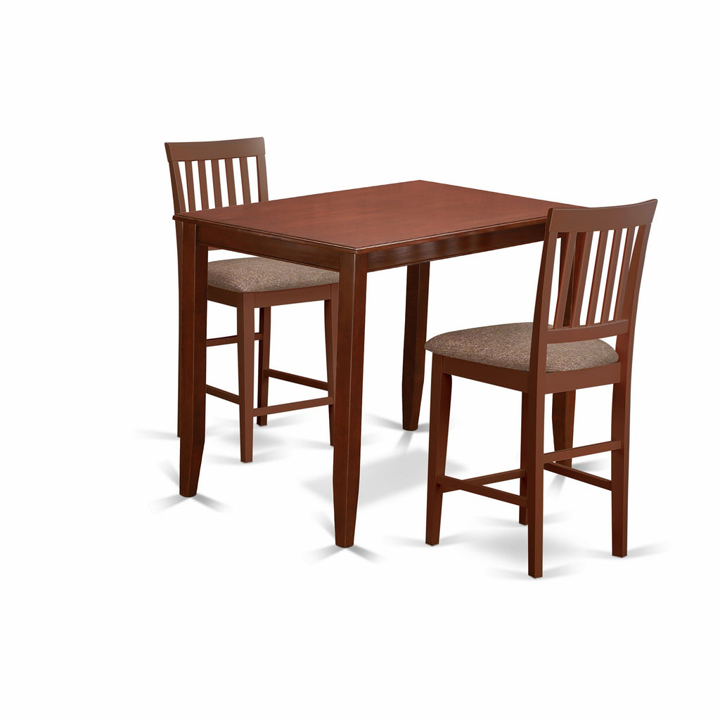 East West Furniture BUVN3-MAH-C 3 Piece Kitchen Counter Height Dining Table Set  Contains a Rectangle Pub Table and 2 Linen Fabric Upholstered Chairs