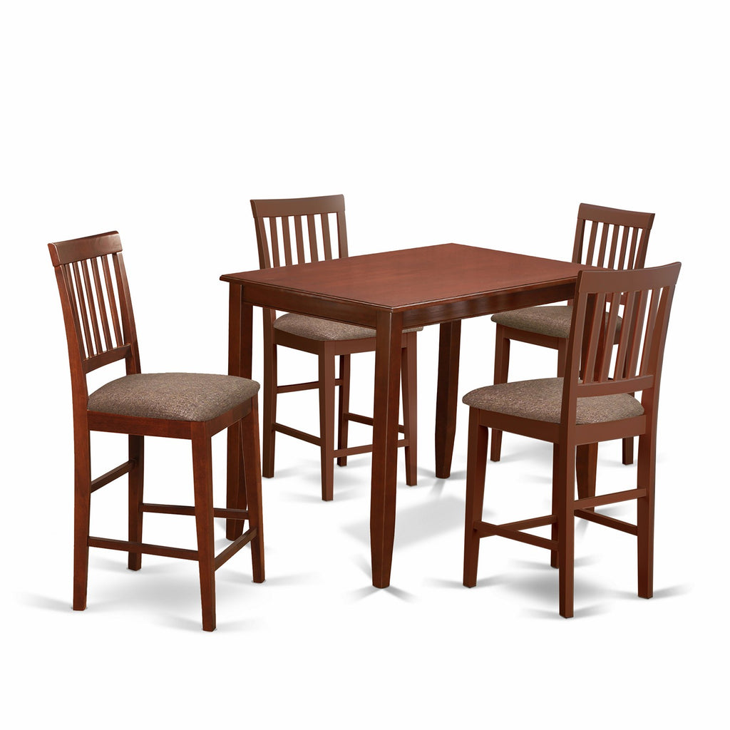 East West Furniture BUVN5-MAH-C 5 Piece Counter Height Pub Set Includes a Rectangle Dining Table and 4 Linen Fabric Dining Room Chairs