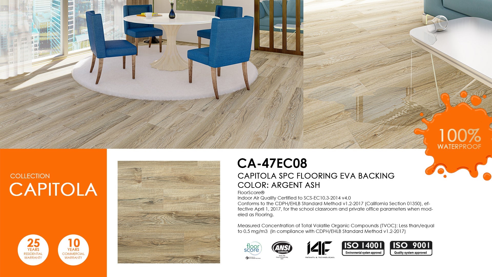 East West Furniture CA-47EC08 EVA Backing SPC Durable Flooring Planks, Argent Ash 4mm x 7" x 48" with 20mil Wear Layer and I4F Click Lock, 30 sq ft Plank Flooring/Case