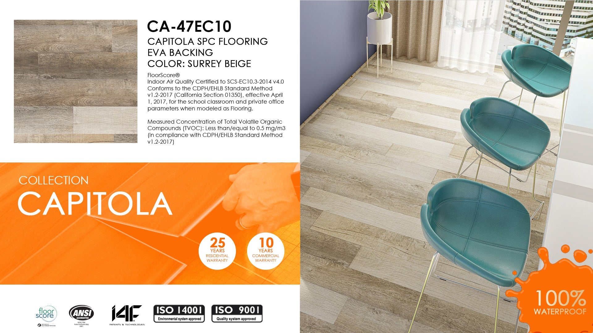 East West Furniture CA-47EC10 EVA Backing SPC Flooring Planks, Surrey Beige 4mm x 7" x 48" with 20mil Wear Layer and I4F Click Lock, 30 sq ft Rigid Core Floor Plank/Case