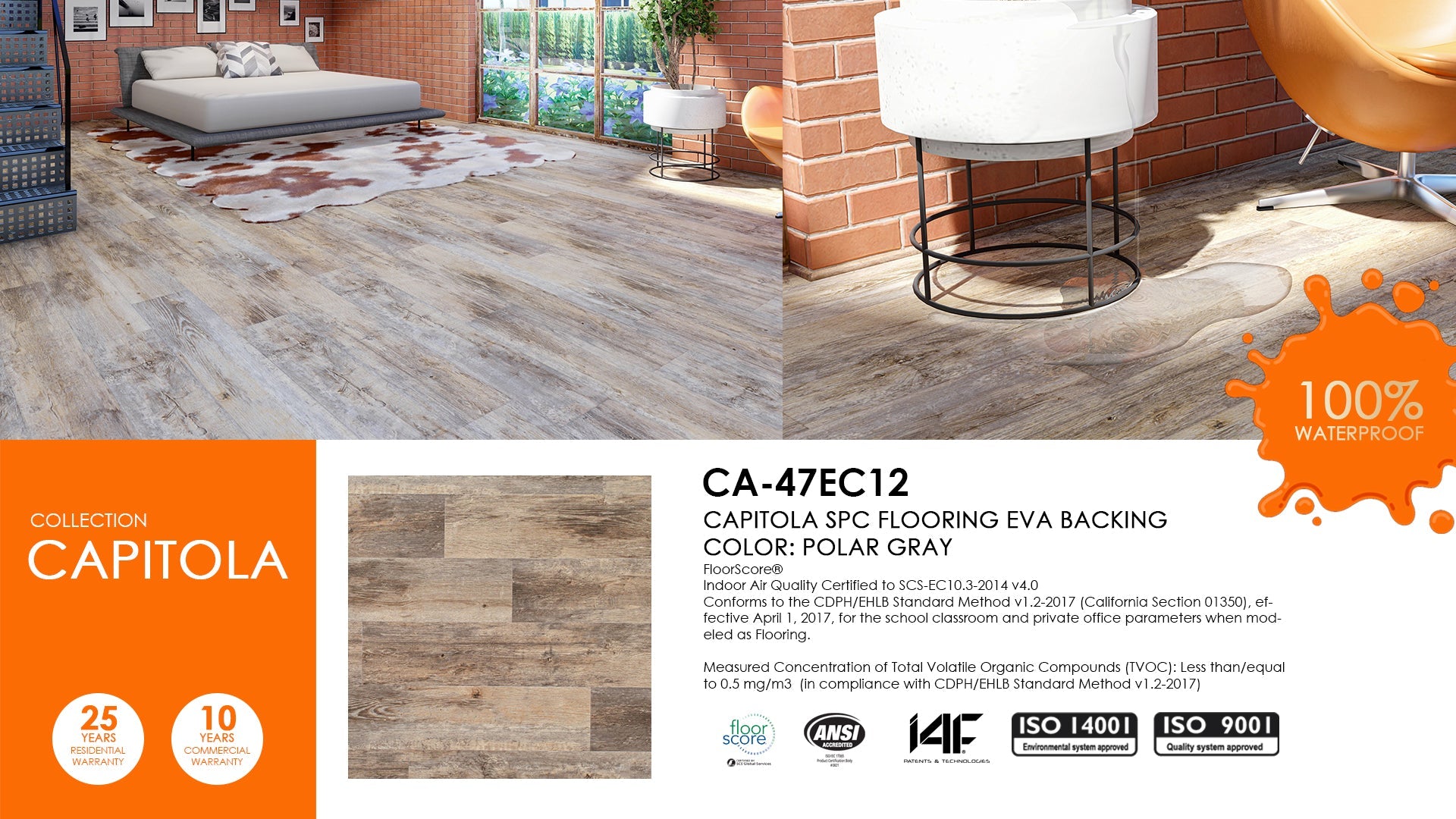 East West Furniture CA-47EC12 EVA Backing SPC Plank Flooring, Polar Gray 4mm x 7" x 48" with 20mil Wear Layer and I4F Click Locking, 30 sq ft Floor Planks/Case