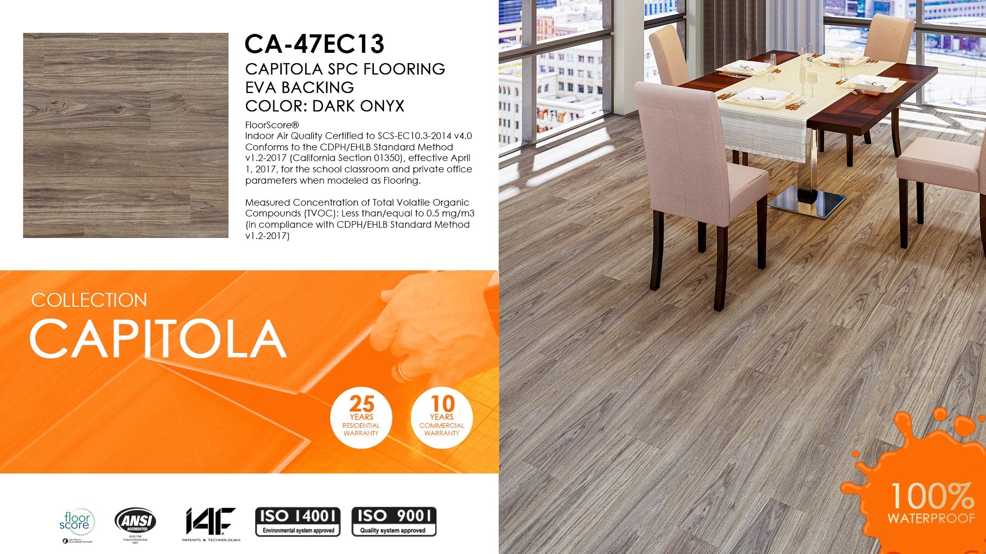 East West Furniture CA-47EC13 EVA Backing SPC Rigid Core Flooring Planks, Dark Onyx 4mm x 7" x 48" with 20mil Wear Layer and I4F Click Locking, 30 sq ft Floor Planks/Case