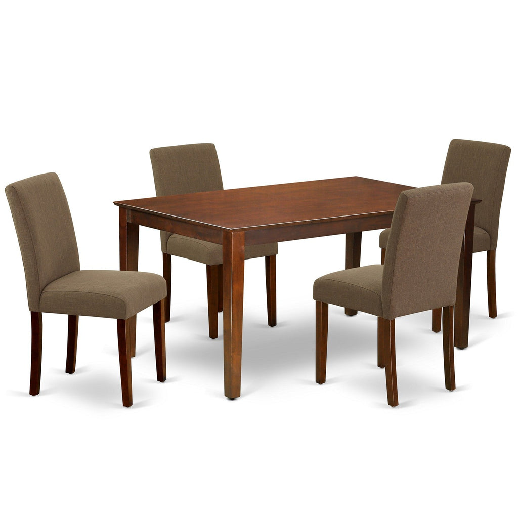 Juego de mesa de comedor moderna de 5 piezas East West Furniture CAAB5-MAH-18. Incluye una mesa rectangular de madera y 4 sillas Parson tapizadas en tela de lino color café.