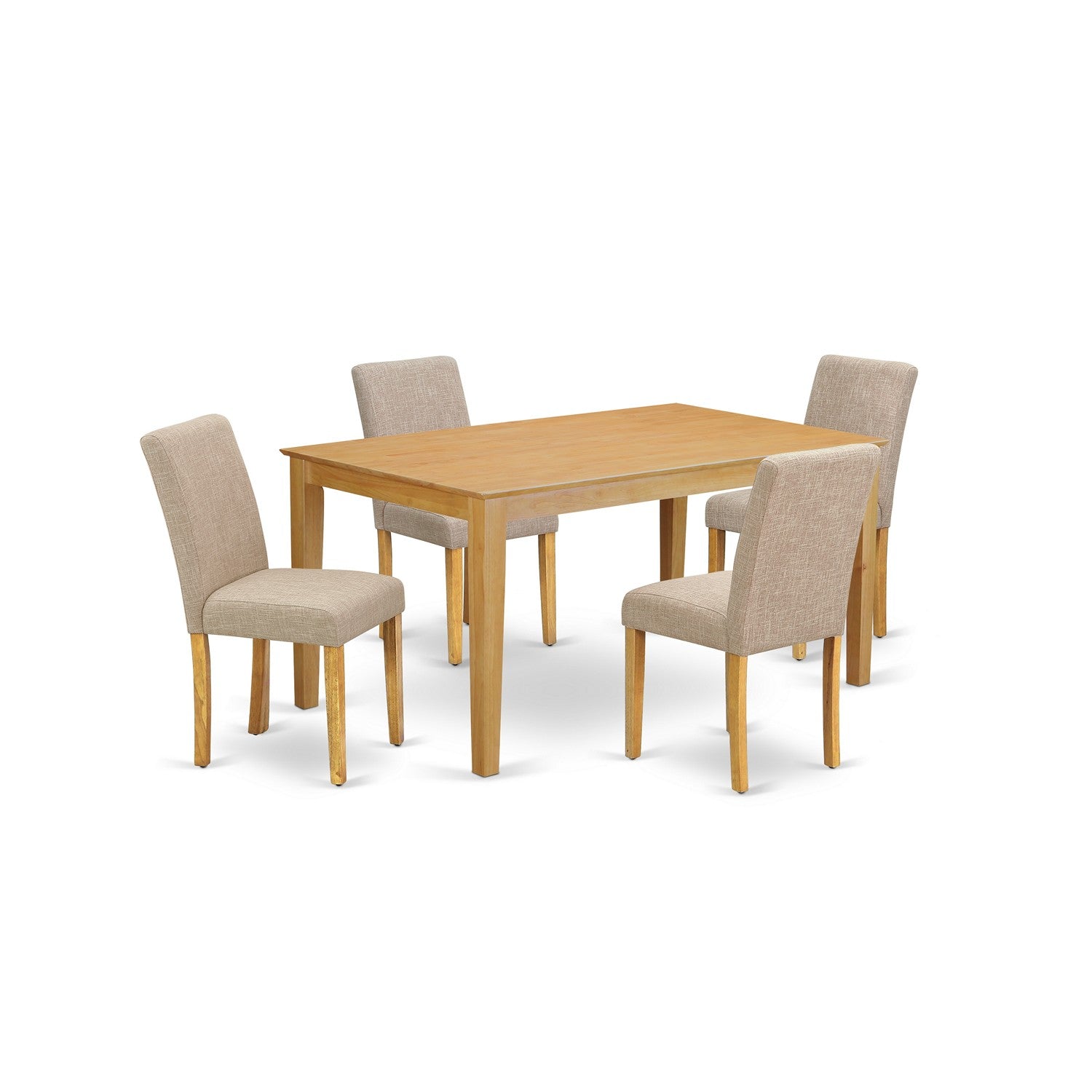 Juego de mesa de comedor de 5 piezas East West Furniture CAAB5-OAK-04 para 4 personas. Incluye una mesa de cocina rectangular y 4 sillas de comedor Parson de tela de lino color tostado claro.