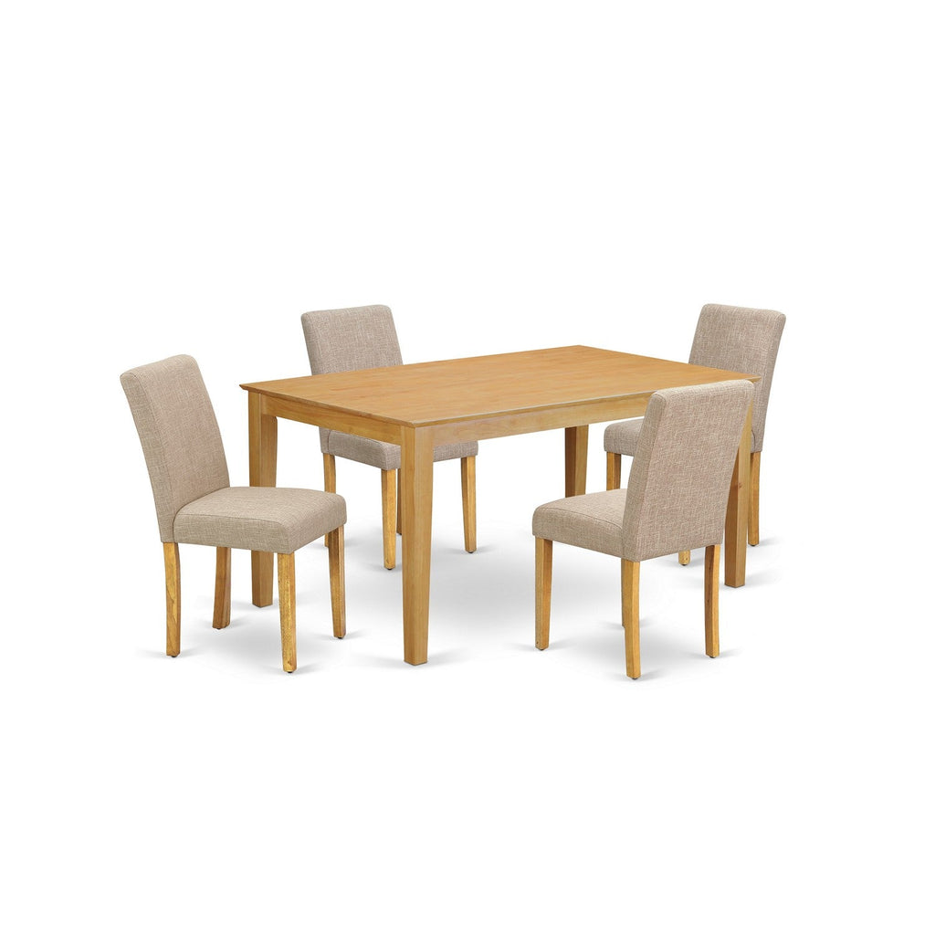 East West Furniture CAAB5-OAK-04 5 Piece Dining Table Set for 4 Includes a Rectangle Kitchen Table and 4 Light Tan Linen Fabric Parson Dining Chairs