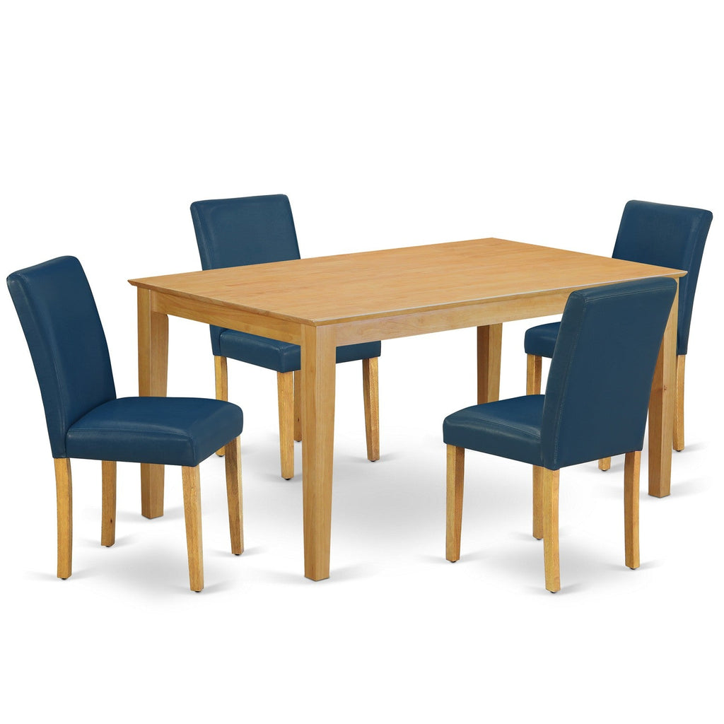 East West Furniture CAAB5-OAK-55 5 Piece Dining Set Includes a Rectangle Dining Room Table and 4 Oasis Blue Faux Leather Upholstered Parson Chairs, 36x60 Inch, Oak