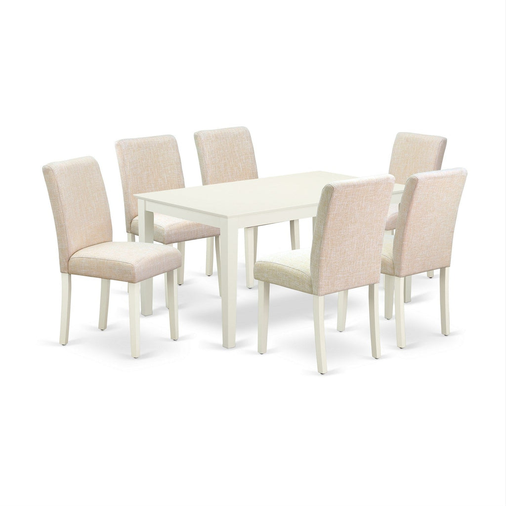 East West Furniture CAAB7-LWH-02 7 Piece Dining Room Furniture Set Consist of a Rectangle Dining Table and 6 Light Beige Linen Fabric Upholstered Parson Chairs