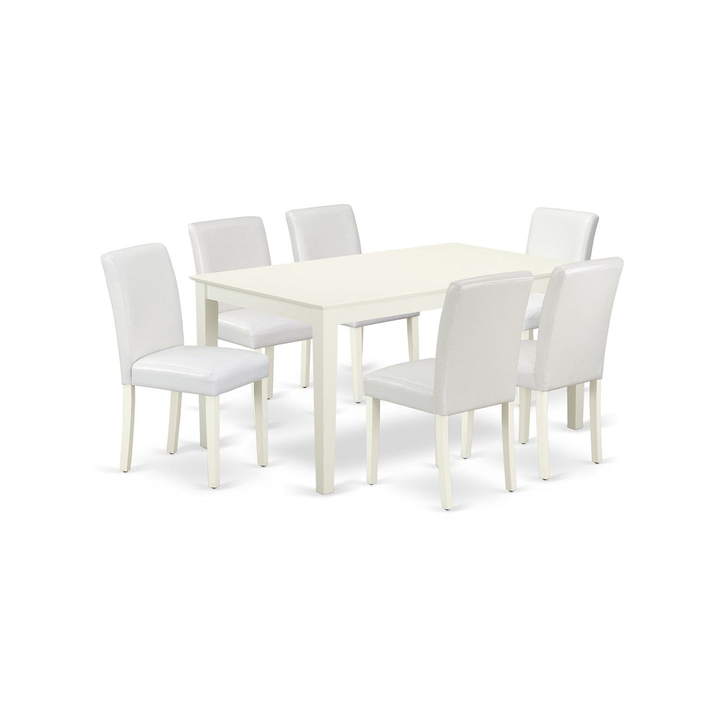 East West Furniture CAAB7-LWH-64 7 Piece Kitchen Table & Chairs Set Consist of a Rectangle Dining Room Table and 6 White Faux Leather Parsons Dining Chairs