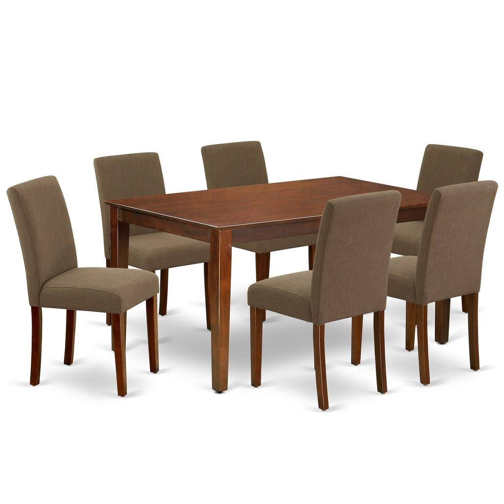East West Furniture CAAB7-MAH-18 7 Piece Modern Dining Table Set Consist of a Rectangle Wooden Table and 6 Coffee Linen Fabric Upholstered Chairs