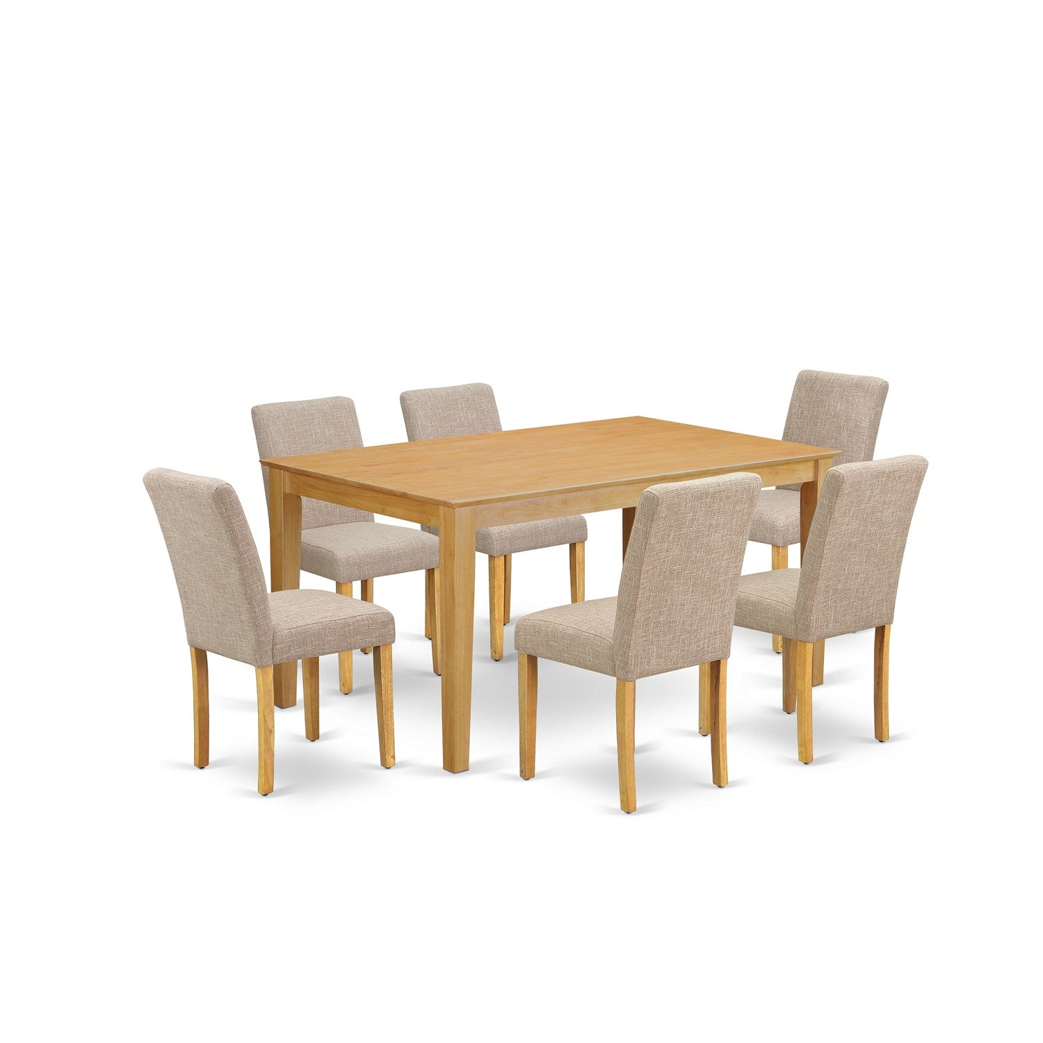 Juego de mesa de comedor moderna de 7 piezas East West Furniture CAAB7-OAK-04 compuesto por una mesa rectangular de madera y 6 sillas tapizadas en tela de lino color tostado claro.