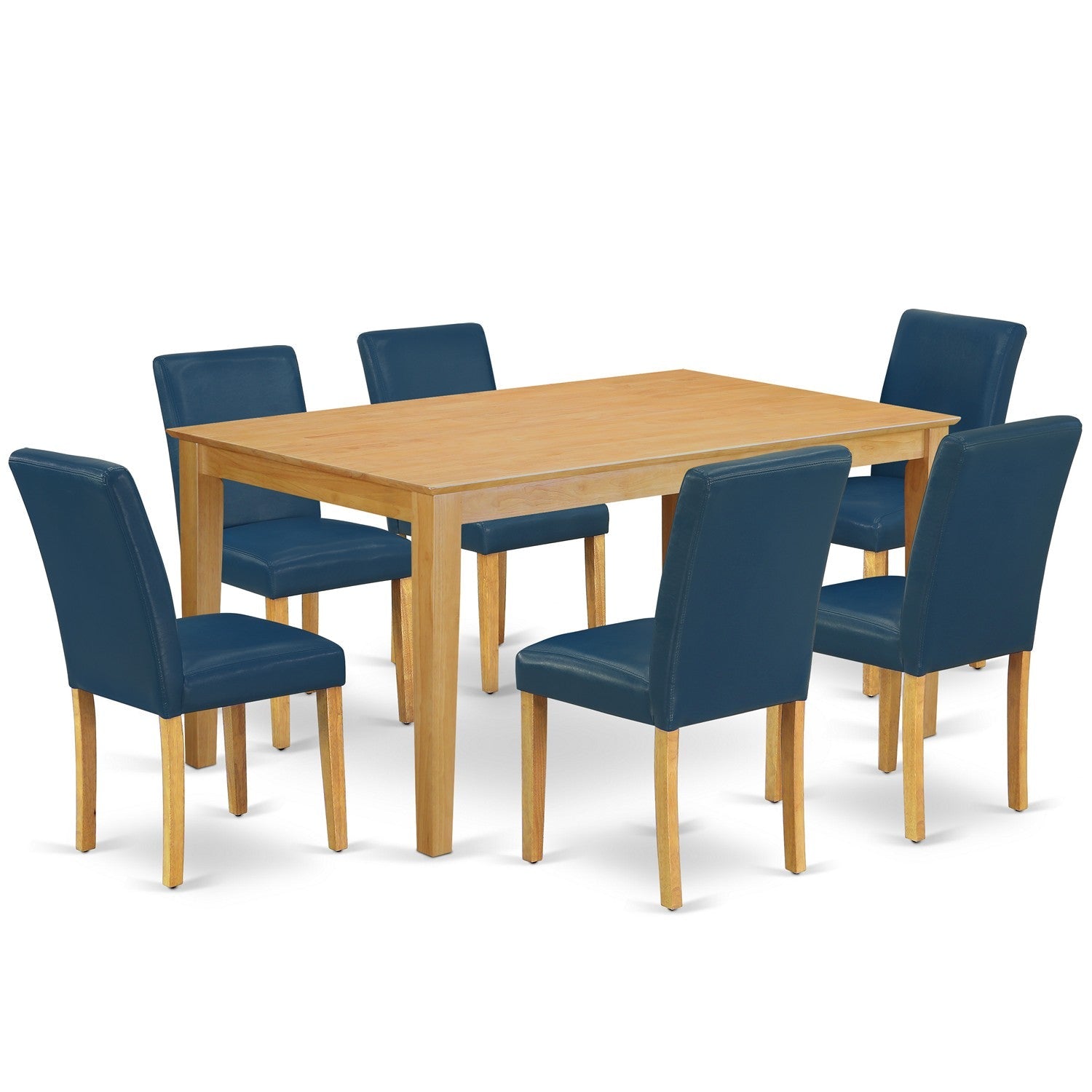 Juego de mesa de comedor de 7 piezas East West Furniture CAAB7-OAK-55 compuesto por una mesa de comedor rectangular y 6 sillas Parson tapizadas en cuero sintético azul oasis.