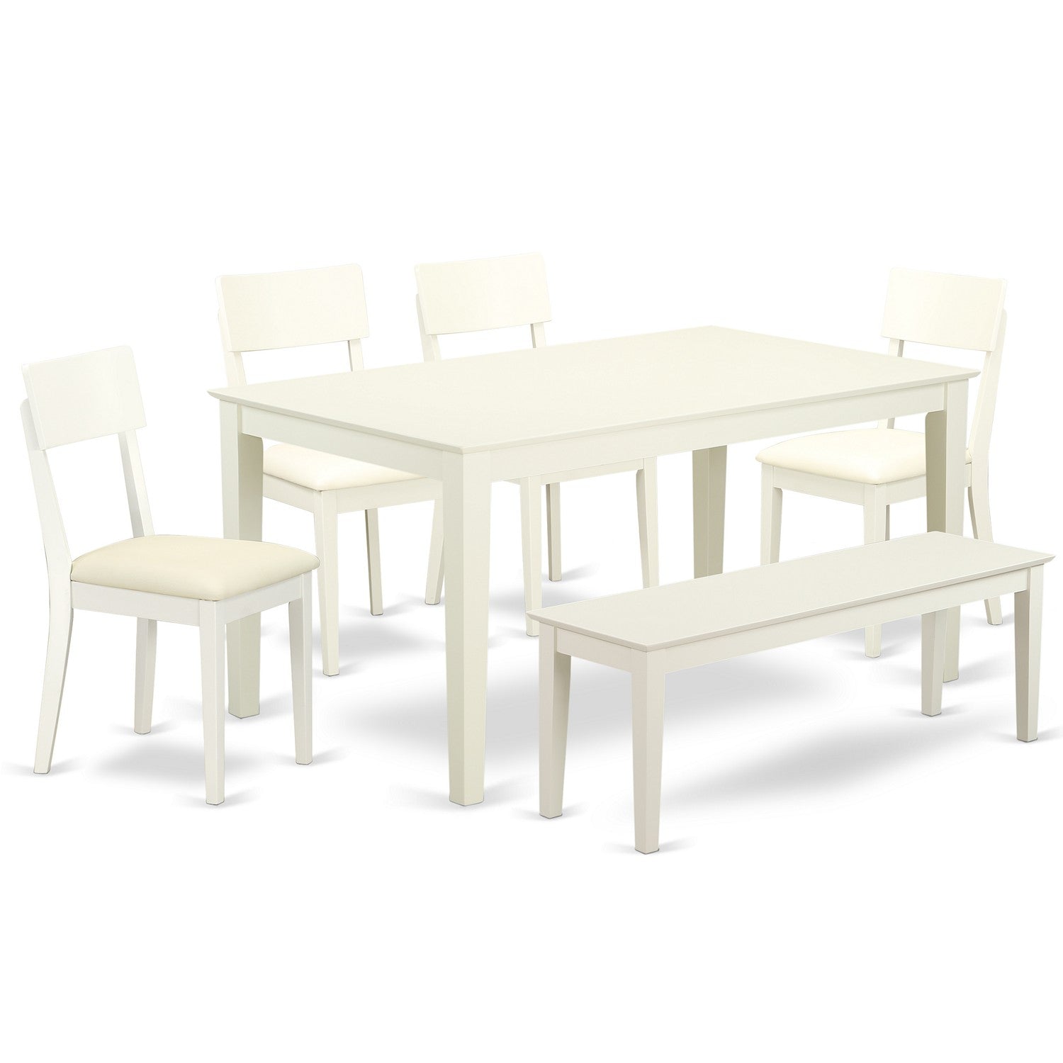 Juego de mesa de comedor de 6 piezas East West Furniture CAAD6-LWH-LC. Contiene una mesa de comedor rectangular y 4 sillas tapizadas de piel sintética con un banco.