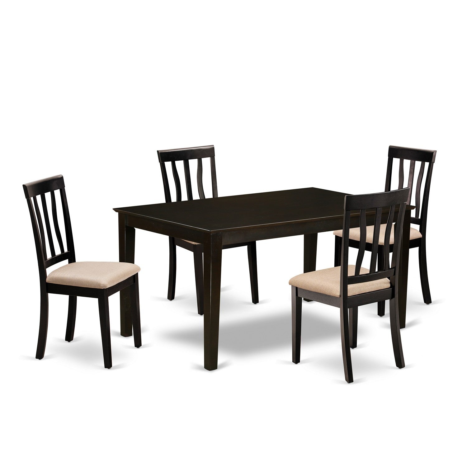 Juego de comedor de 5 piezas East West Furniture CAAN5-CAP-C. Incluye una mesa de comedor rectangular y 4 sillas de cocina tapizadas en tela de lino.