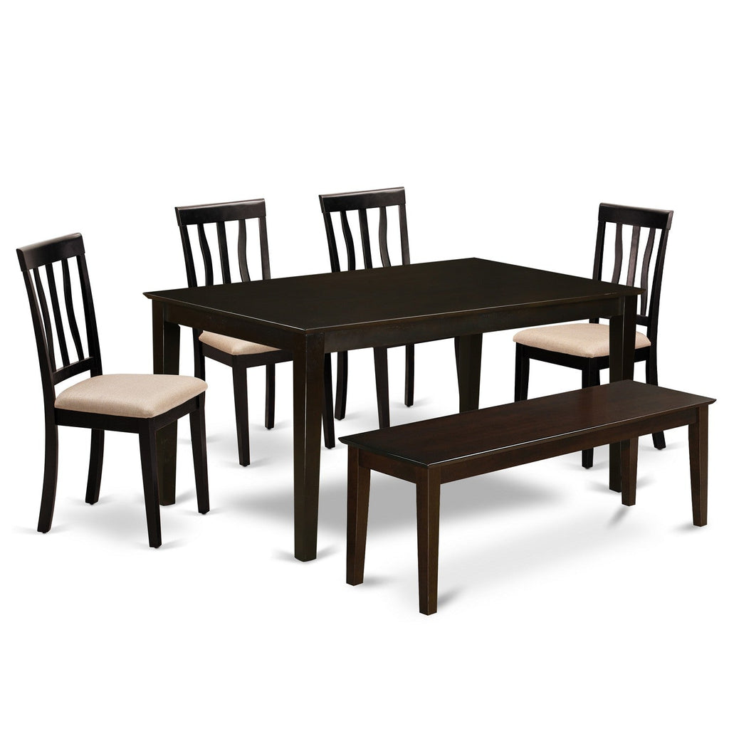 East West Furniture CAAN6-CAP-C 6 Piece Dining Table Set Contains a Rectangle Dining Room Table and 4 Linen Fabric Upholstered Chairs with a Bench, 36x60 Inch, Cappuccino