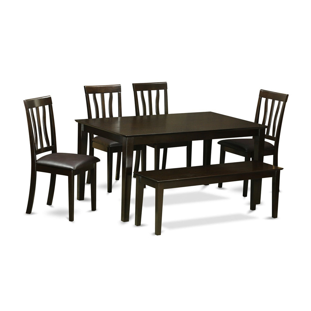 East West Furniture CAAN6-CAP-LC 6 Piece Dining Set Contains a Rectangle Dining Room Table and 4 Faux Leather Kitchen Chairs with a Bench, 36x60 Inch, Cappuccino